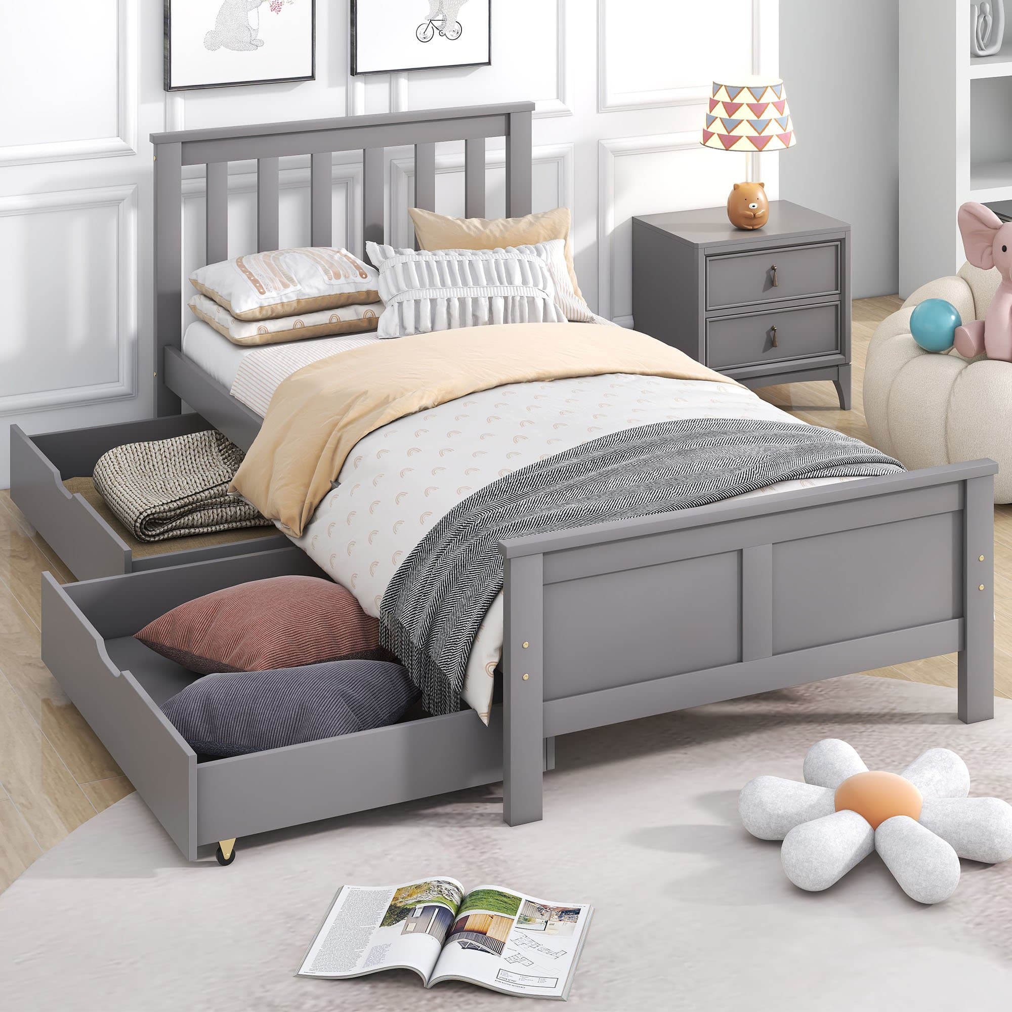 Wooden Solid Pine Divan Storage Bed with Drawers, Single 3ft Bed Frame, Solid Bed Frames with under Bed Storage, 196x100x82 cm, Gray | Aosom.UK