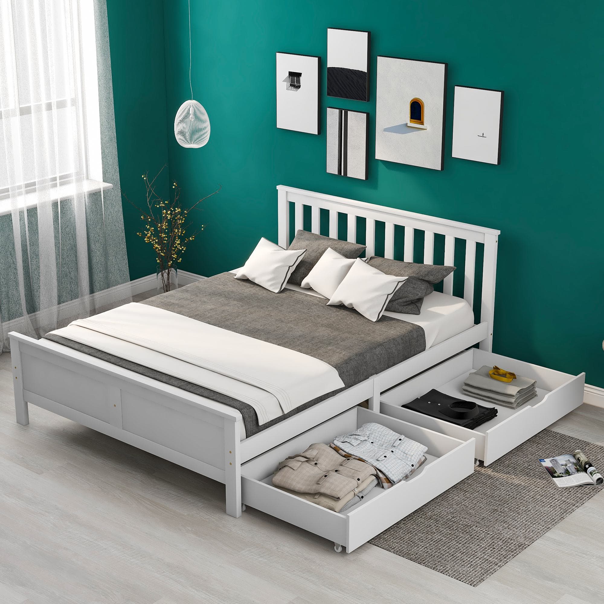 Elegant Solid Pine Double Bed Frame with Storage Drawers, Headboard, Footboard, Wooden Single Bed Base for Adults, Kids, 196x146x82 cm, White | Aosom UK