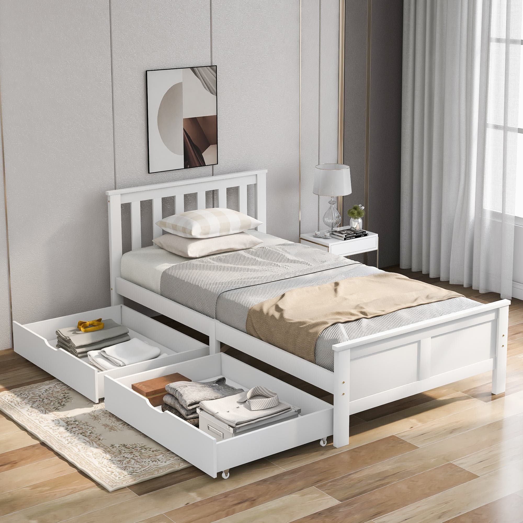 3ft Pine Single Bed with Wooden Frame & under Storage Drawers, Solid Single Bed with Modern Mattress Foundation for Bedrooms, 196x100x82 cm, White | Aosom UK