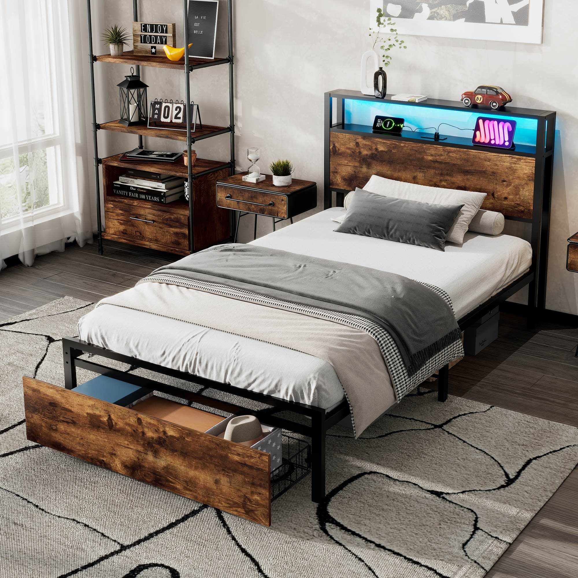 Single Metal Bed with LED Light Strip, Drawer, and USB Ports, Home and Furniture Bedroom Furniture, 207.5x90.5x105 cm, Black + Dark Walnut | Aosom.UK