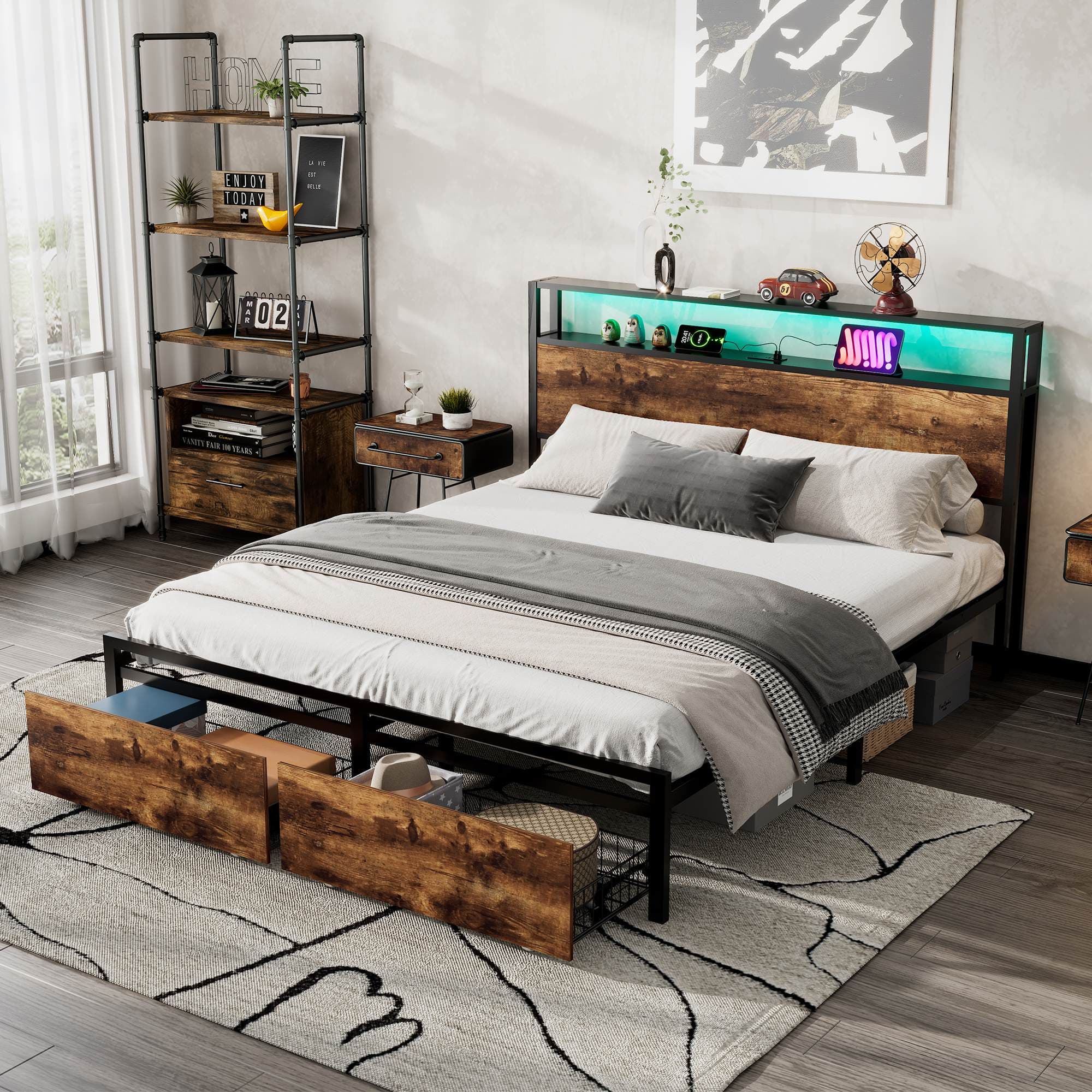 Metal Double Bed with LED Light Strip, 4 Drawers, 3 USB Ports, Metal Bed Frame Double with Storage Space for Home and Bedroom Furniture, 207.5x135x105 cm, Black + Dark Walnut | Aosom UK