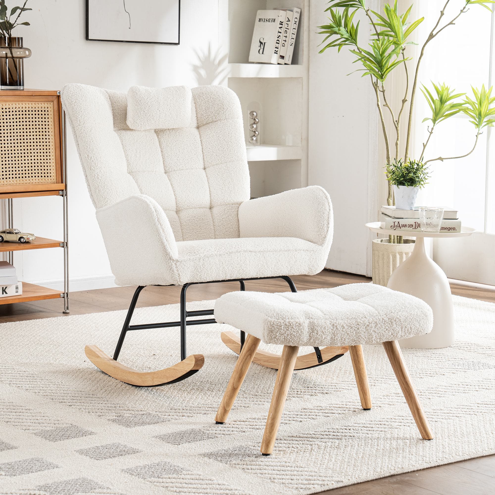 Footstool Armchair Rocking Chair with Metal Frame and Solid Wood Legs, High Back Ergonomic Recliner Chair with Footrest, 65x93x92 cm, White | Aosom.UK