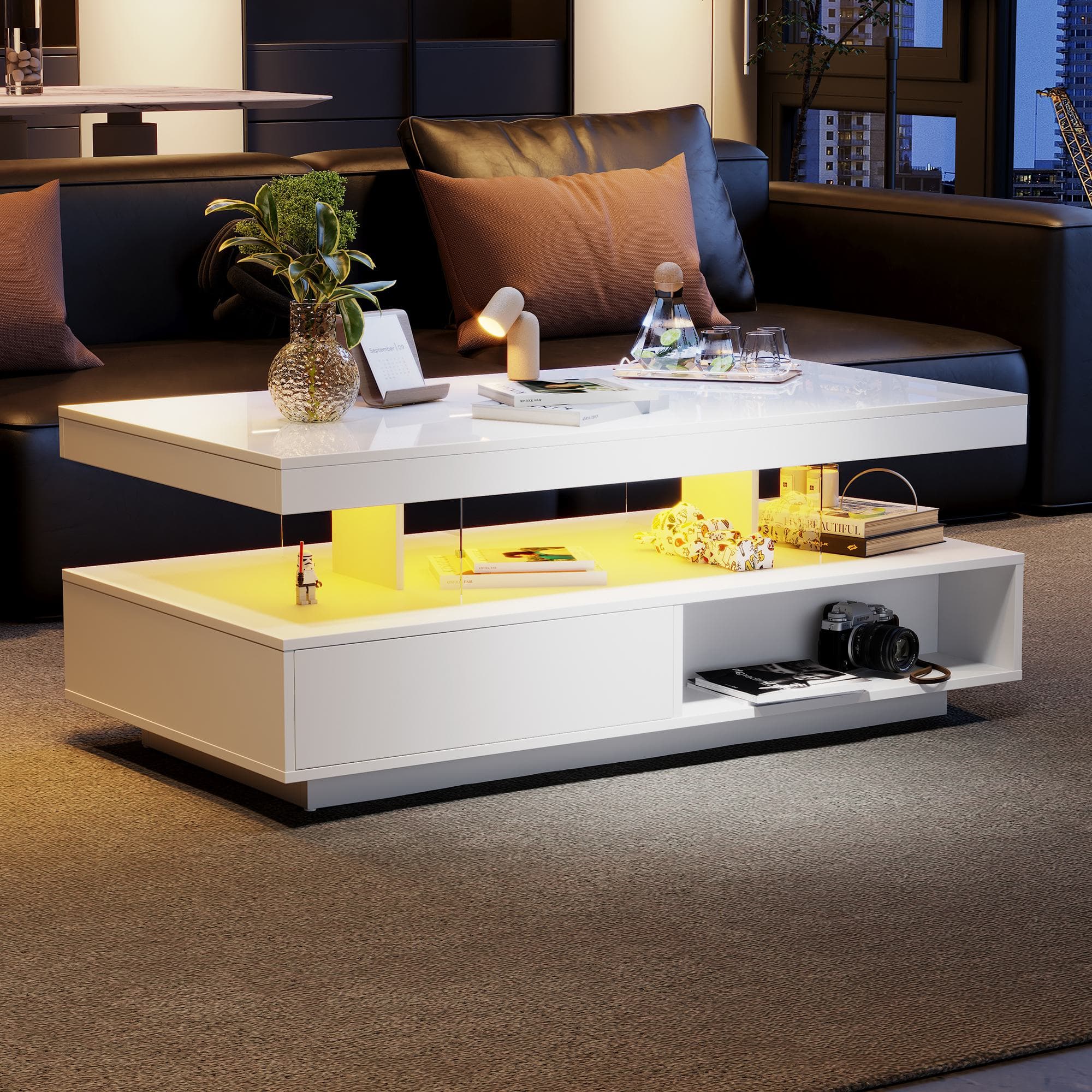 LED Coffee Table with 2 Drawer Storage with High Gloss Top and 16-Colour LED Lights, Modern Living Room Centerpiece, 95x50x42.5 cm, White | Aosom.UK