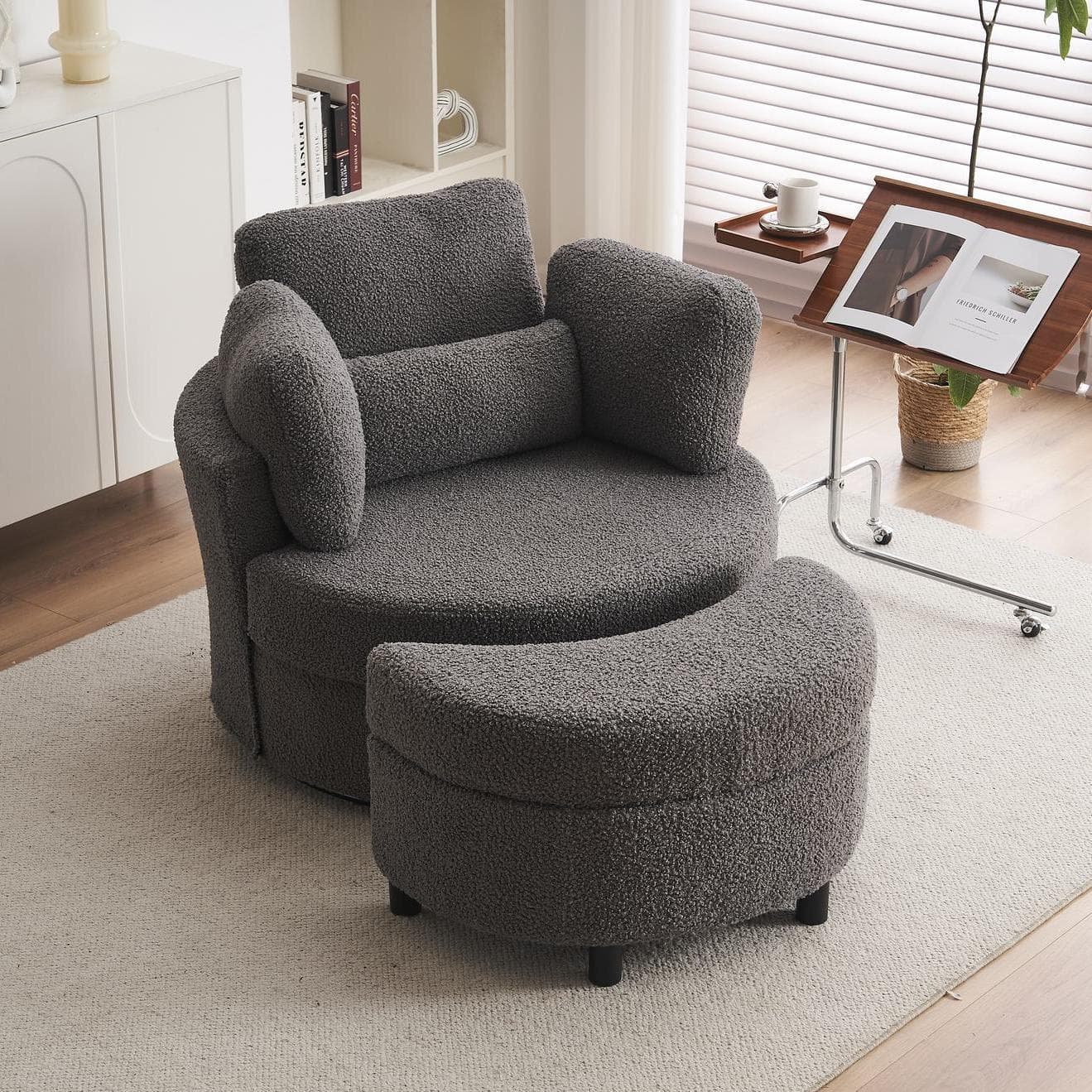 Teddy 360° Swivel Armchair with 3 Back Cushions and Crescent Ottoman Stool, Single Sofa for Living room, 107L x 105W x 82H cm, Medium Grey | Aosom.UK