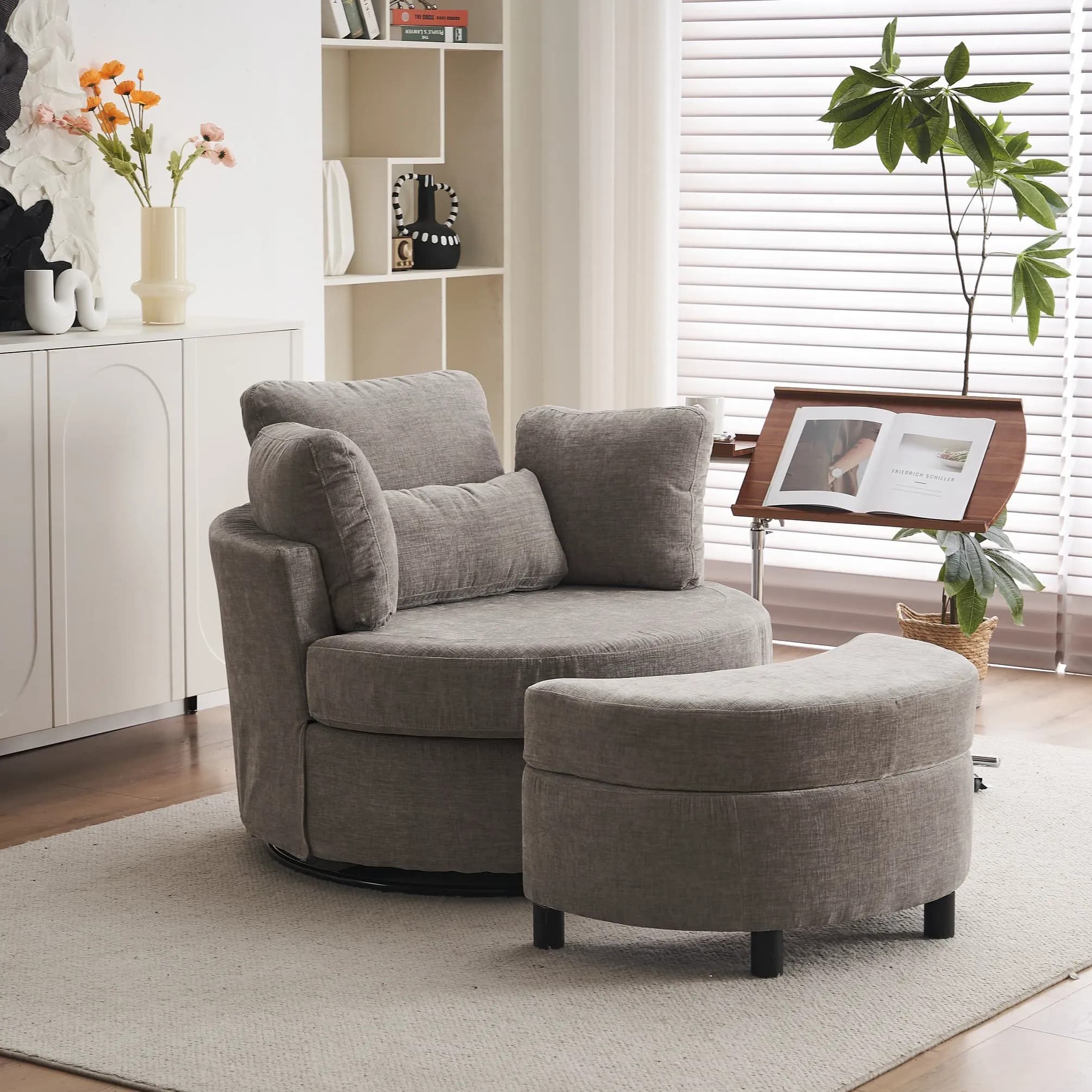 Chenille Bedroom Chairs with 3 Back Cushions and Crescent Ottoman Stool, 360° Swivel Armchair for Living room, 107L x 105W x 82H cm, Grey | Aosom.UK