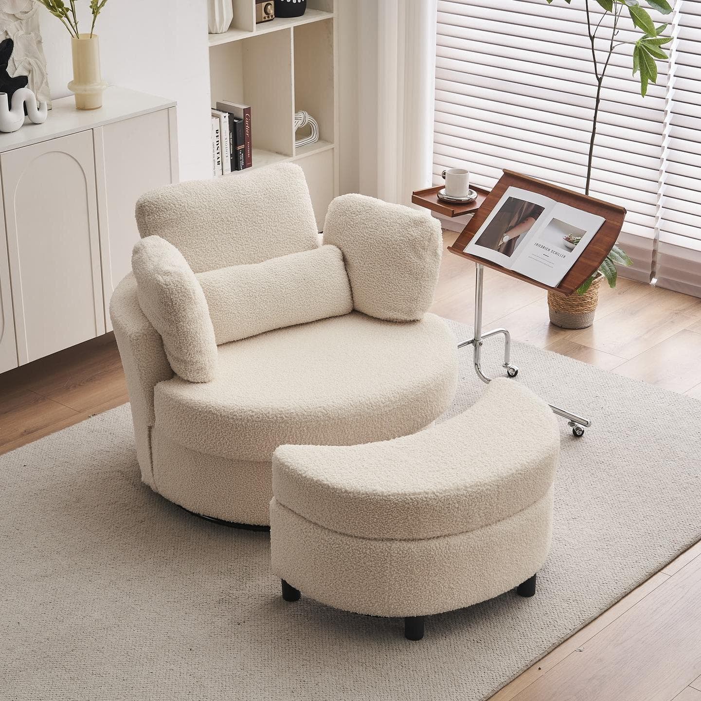 Teddy 360° Swivel Armchair Set with 3 Back Cushions and Crescent Ottoman Stool, Single Sofa for Living room, 107L x 105W x 82H cm, White | Aosom.UK