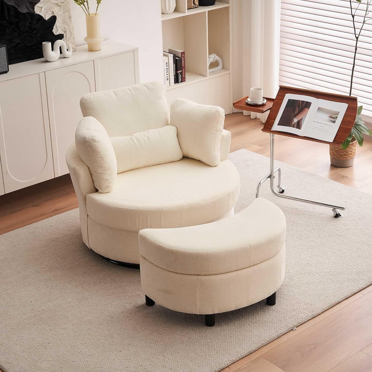 Chenille 360° Swivel Armchair Set with 3 Back Cushions and Crescent Ottoman Stool, Single Sofa for Living room, 107L x 105W x 82H cm, Ivory | Aosom.UK