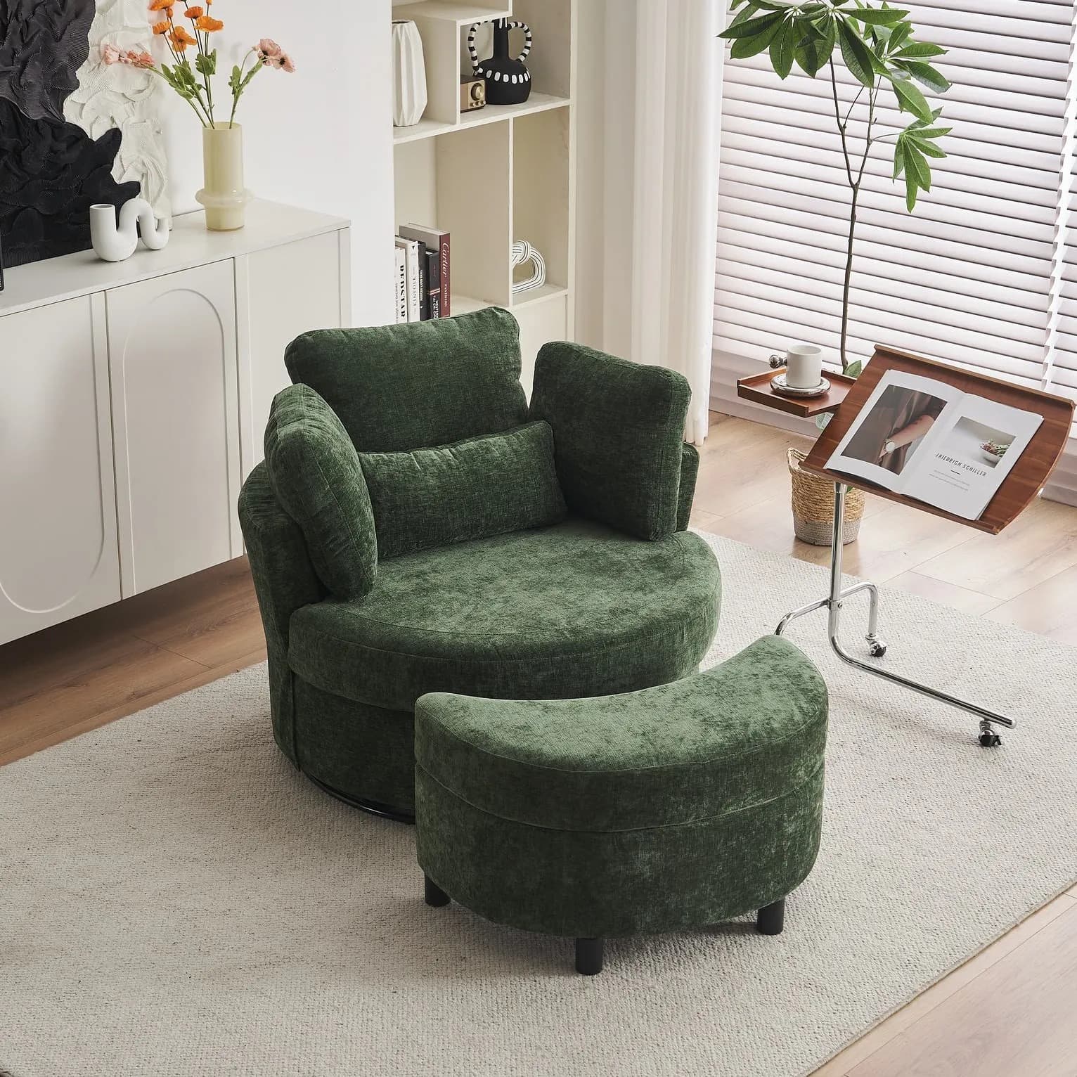 Chenille 360° Swivel Armchair Set with 3 Back Cushions and Crescent Ottoman Stool, Single Sofa for Living room, 107L x 105W x 82H cm, Green | Aosom.UK