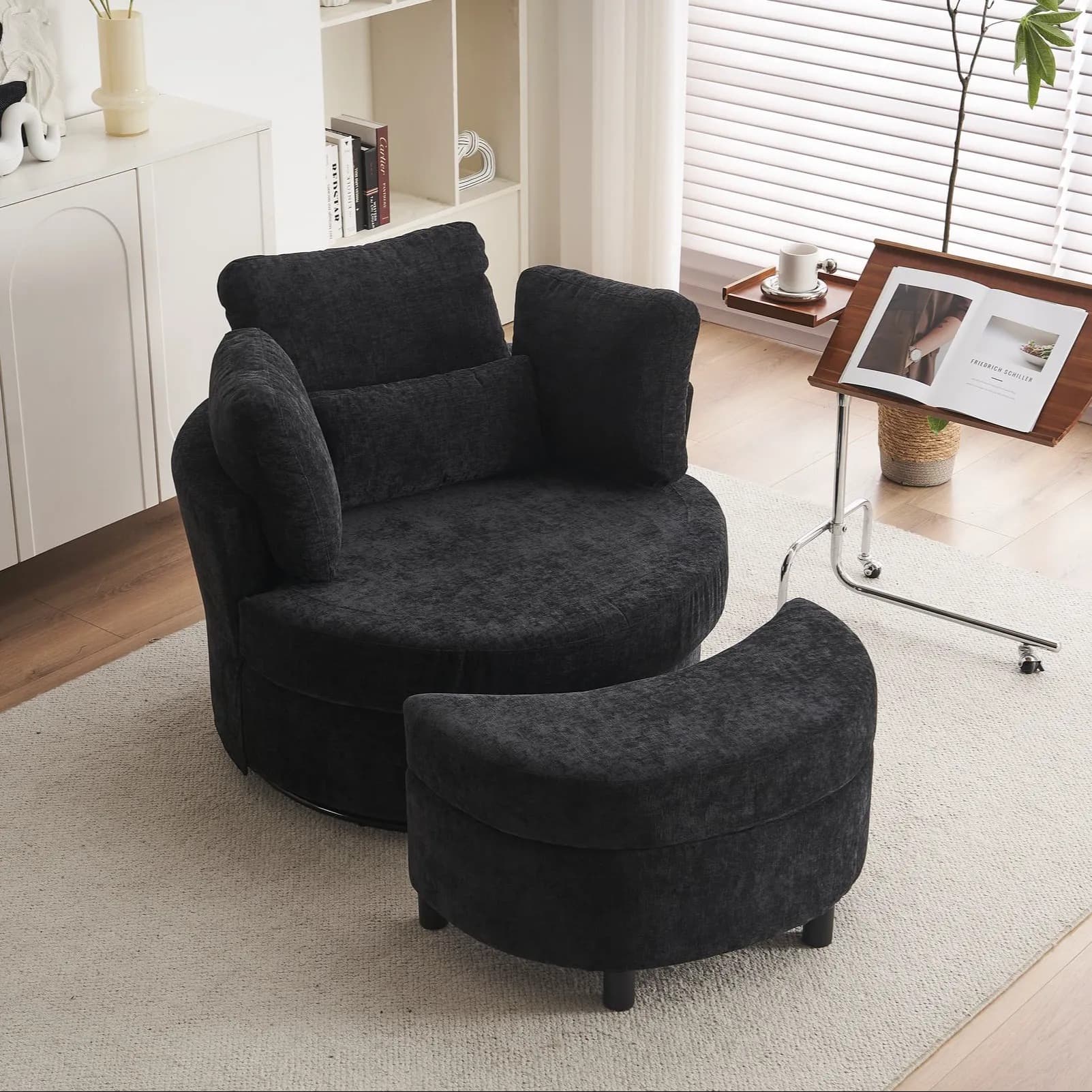 Chenille Swivel Bedroom Chairs with 3 Back Cushions and Crescent Ottoman Stool, Single Sofa for Living room, 107L x 105W x 82H cm, Black | Aosom.UK