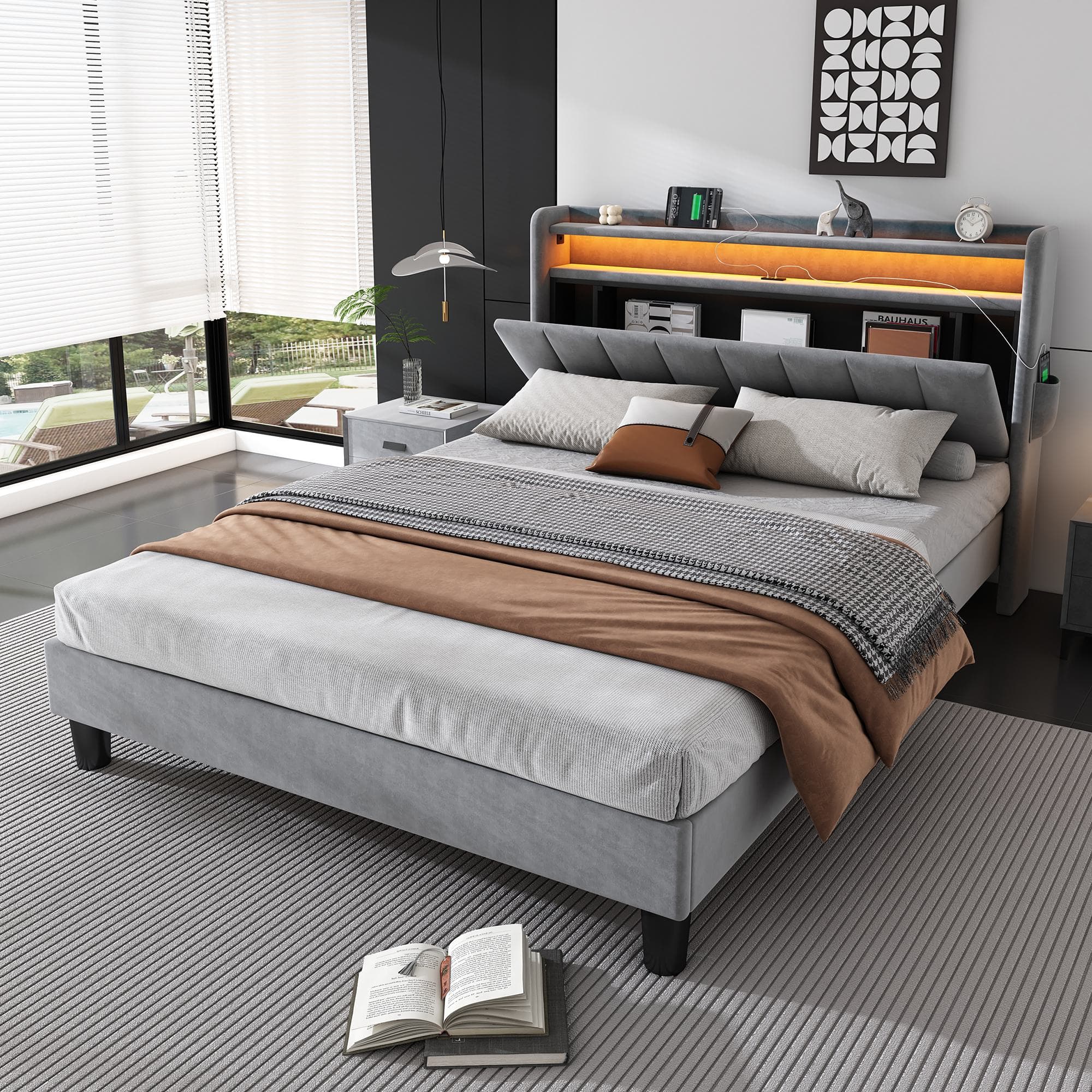 Double Velvet Upholstered Ottoman Bed with LED Light, 4 USB Ports, Lower Flap Door Storage and Soft Backrest, 204L x 140W x 107H cm, Gray | Aosom.UK