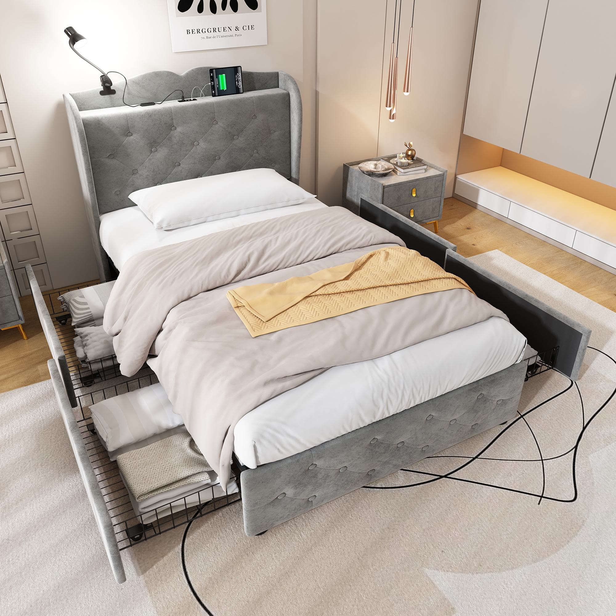 Upholstered Bed with Drawers, Soft Backrest, Table Lamp, USB Port, Velvet Fabric Bed Frame for Bedrooms, 206.5L x 96.5W x 109H cm, Gray | Aosom UK