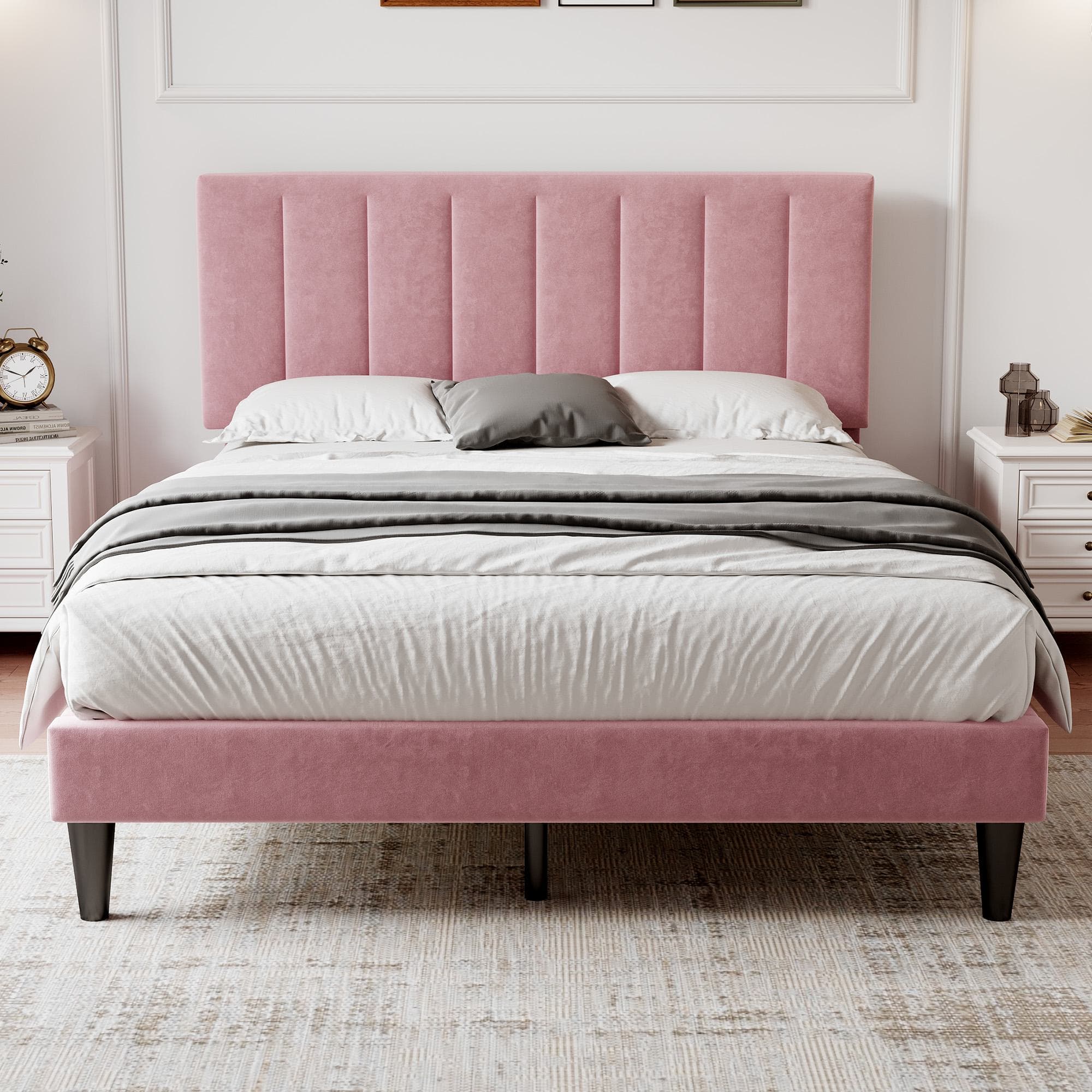Upholstered Velvet Bedstead with Adjustable Headboard, Noise-Free Design, Double Wooden Bedframe for Bedroom, 194L x 140W x 110H cm, Pink | Aosom.UK
