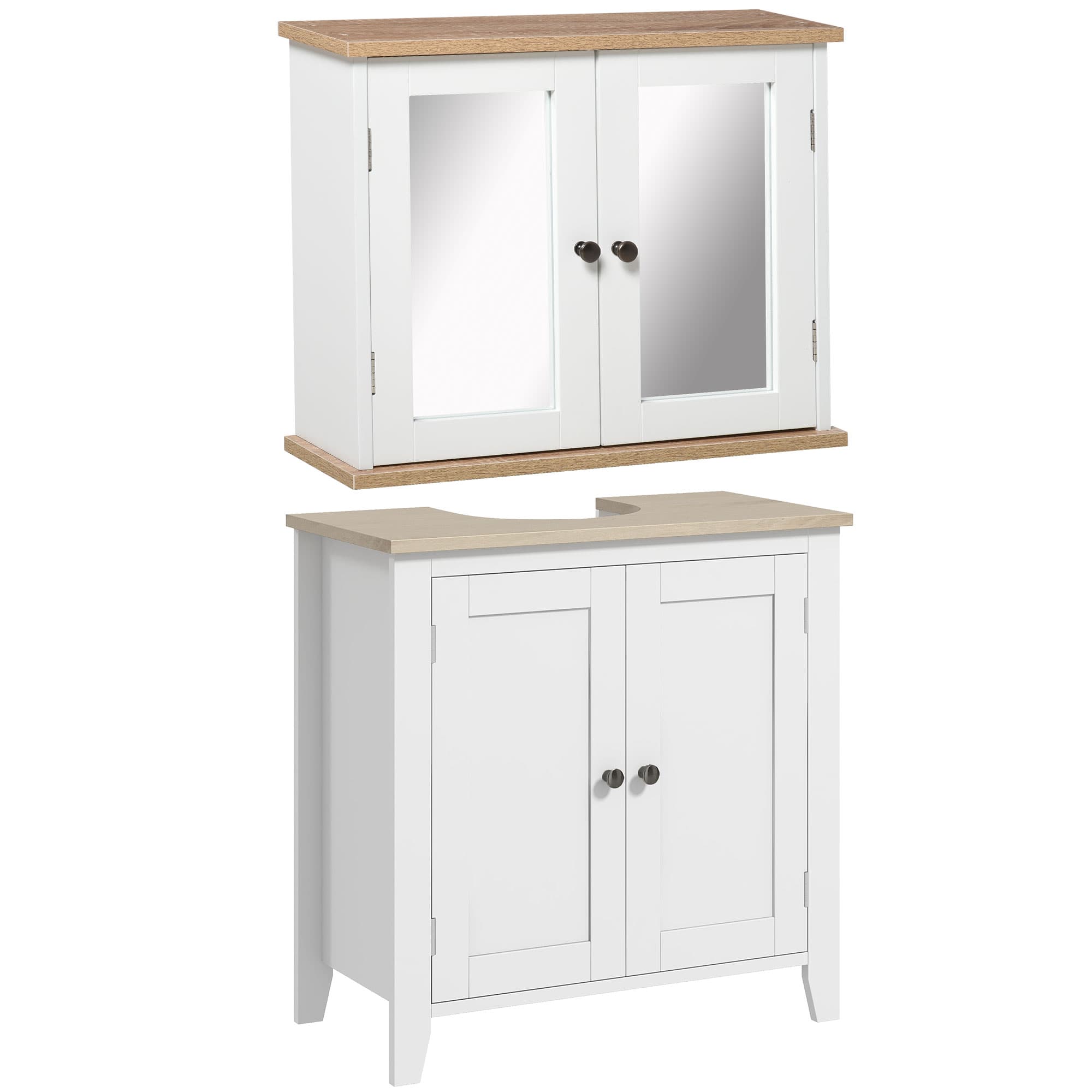 kleankin Bathroom Furniture Set, Mirror Cabinet Wall Mounted with Adjustable Shelf, Bathroom Sink Cabinet, White and Wood Grain | Aosom UK