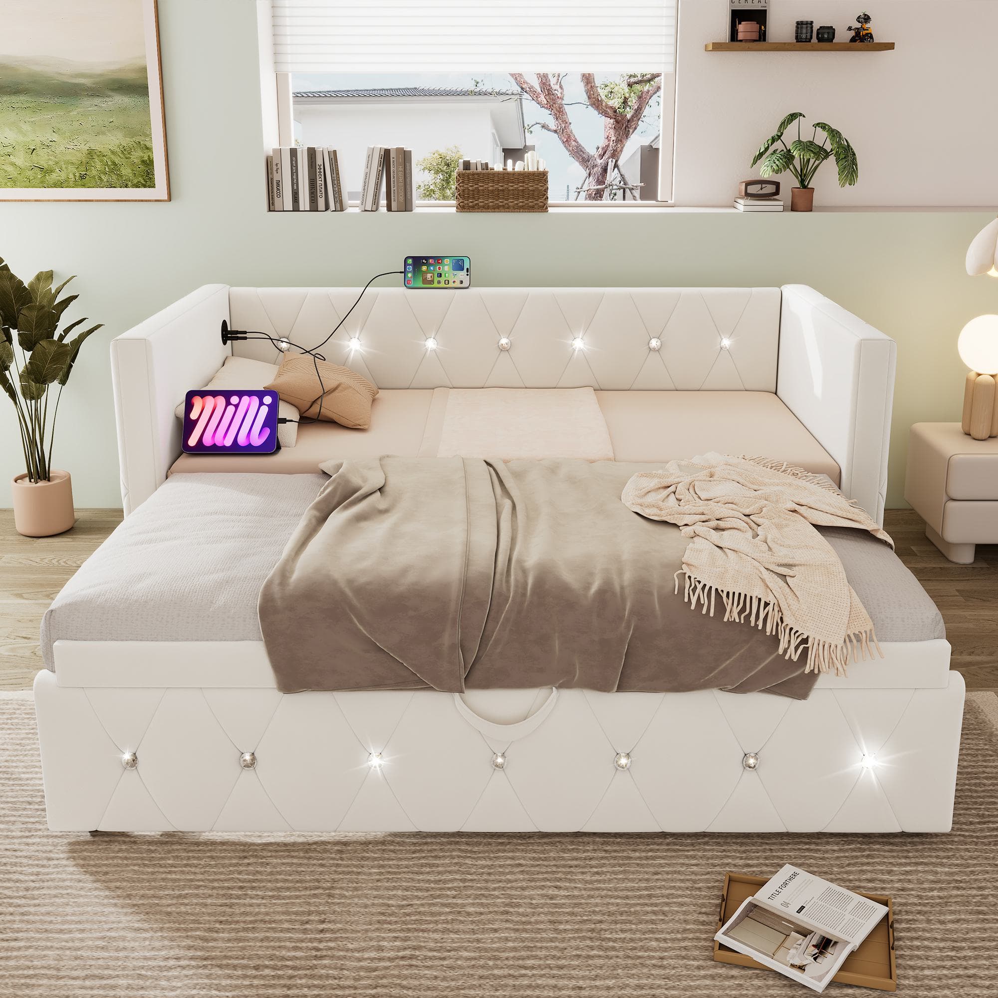 3 Seater Upholstered Bed, Pull Out Sofa Bed with Removable Trundle & Fast Charging Ports, Velvet Fabric, Beige | Aosom UK