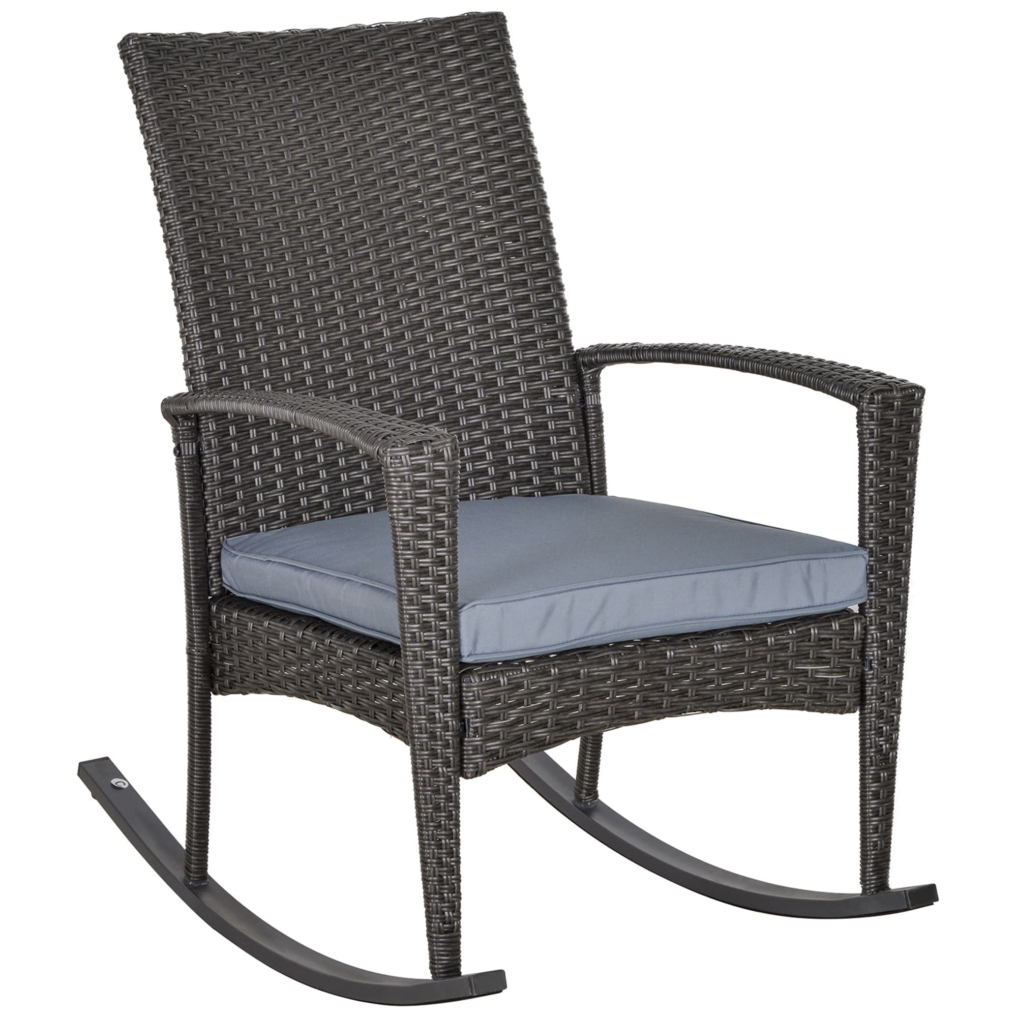 Outsunny Rattan Rocking Chair with Armrest and Cushion, Outdoor Rocking Chair with PE wicker and Safety Foot Stopper, Grey | Aosom UK
