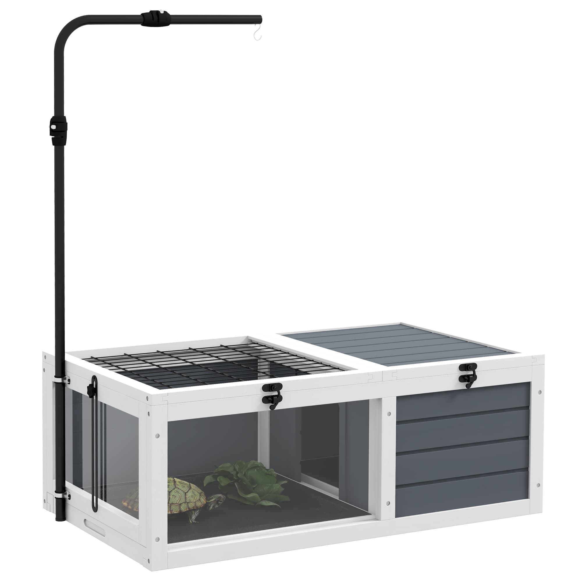 PawHut Tortoise Table with Adjustable Lamp Holder, Wooden Tortoise House with Openable Lids Pull-out Trays - Grey