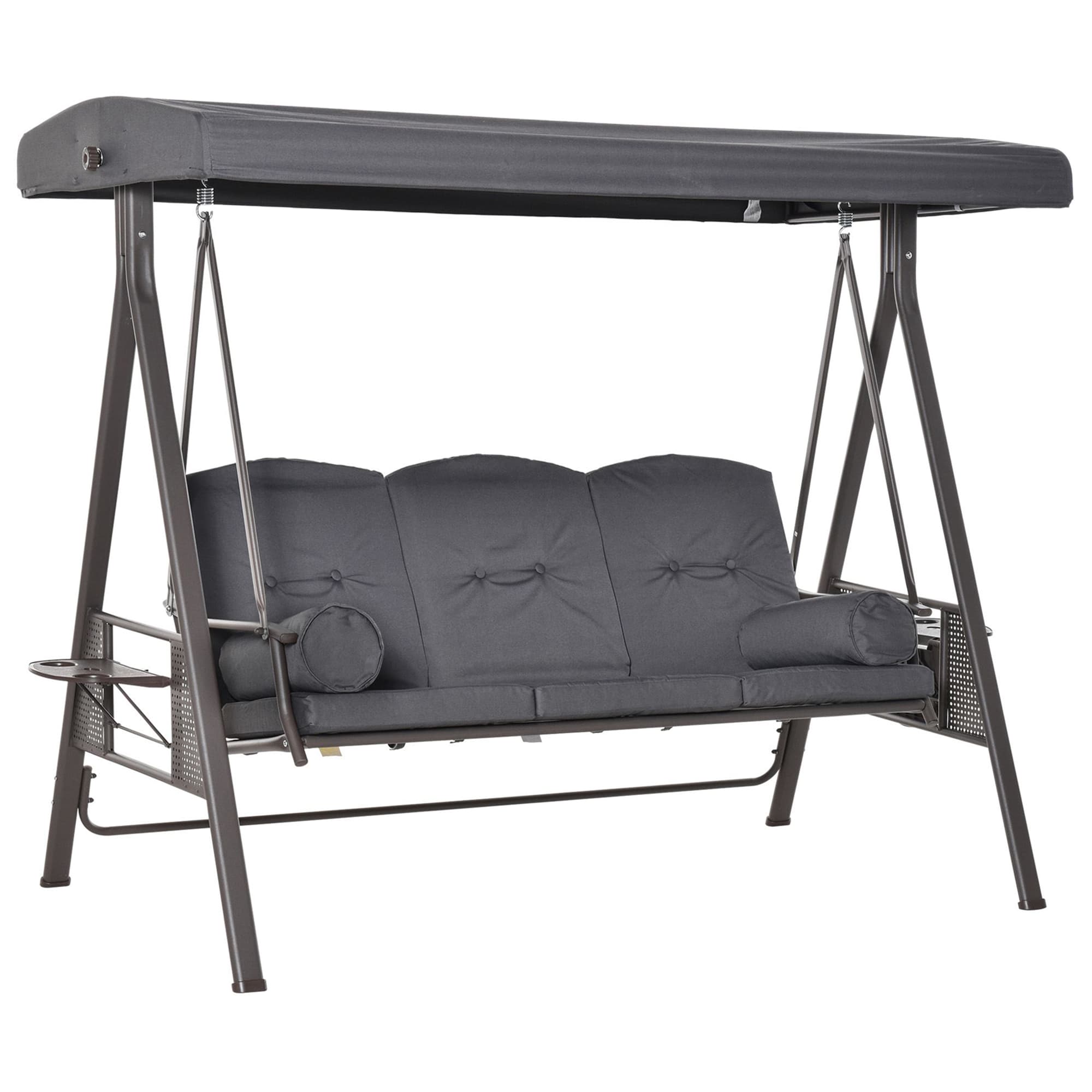 Outsunny 3 Seater Garden Swing Seat, Outdoor Hammock Bench with Adjustable Canopy, Cushions and Cup Trays, Steel Frame, Dark Grey | Aosom UK