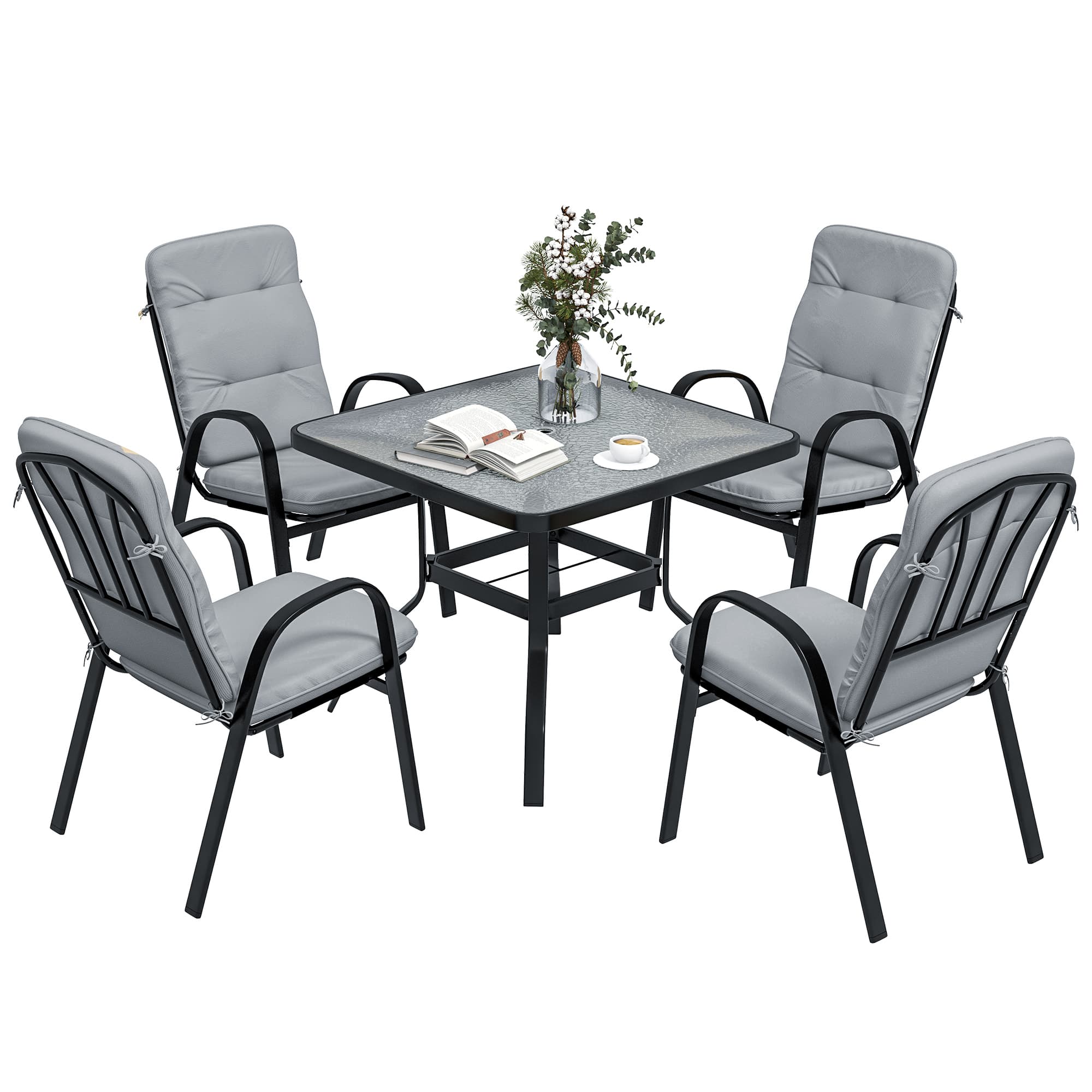 Outsunny 5 Pieces Garden Dining Set, Outdoor Square Dining Table and 4 Cushioned Armchairs, Tempered Glass Top Table w/ Umbrella Hole Black | Aosom UK