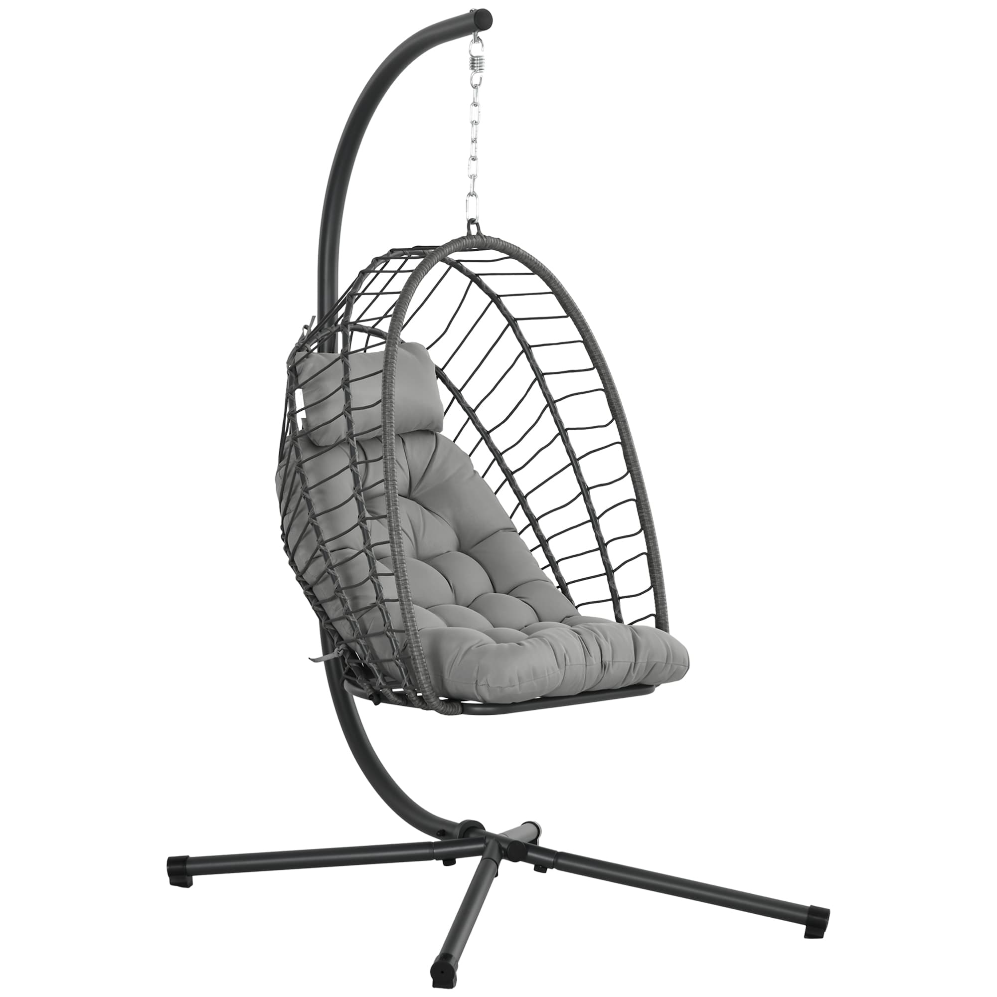 Outsunny Outdoor PE Rattan Swing Chair with Thick Padded Cushion, Foldable Basket Patio Hanging Chair with Metal Stand, Headrest