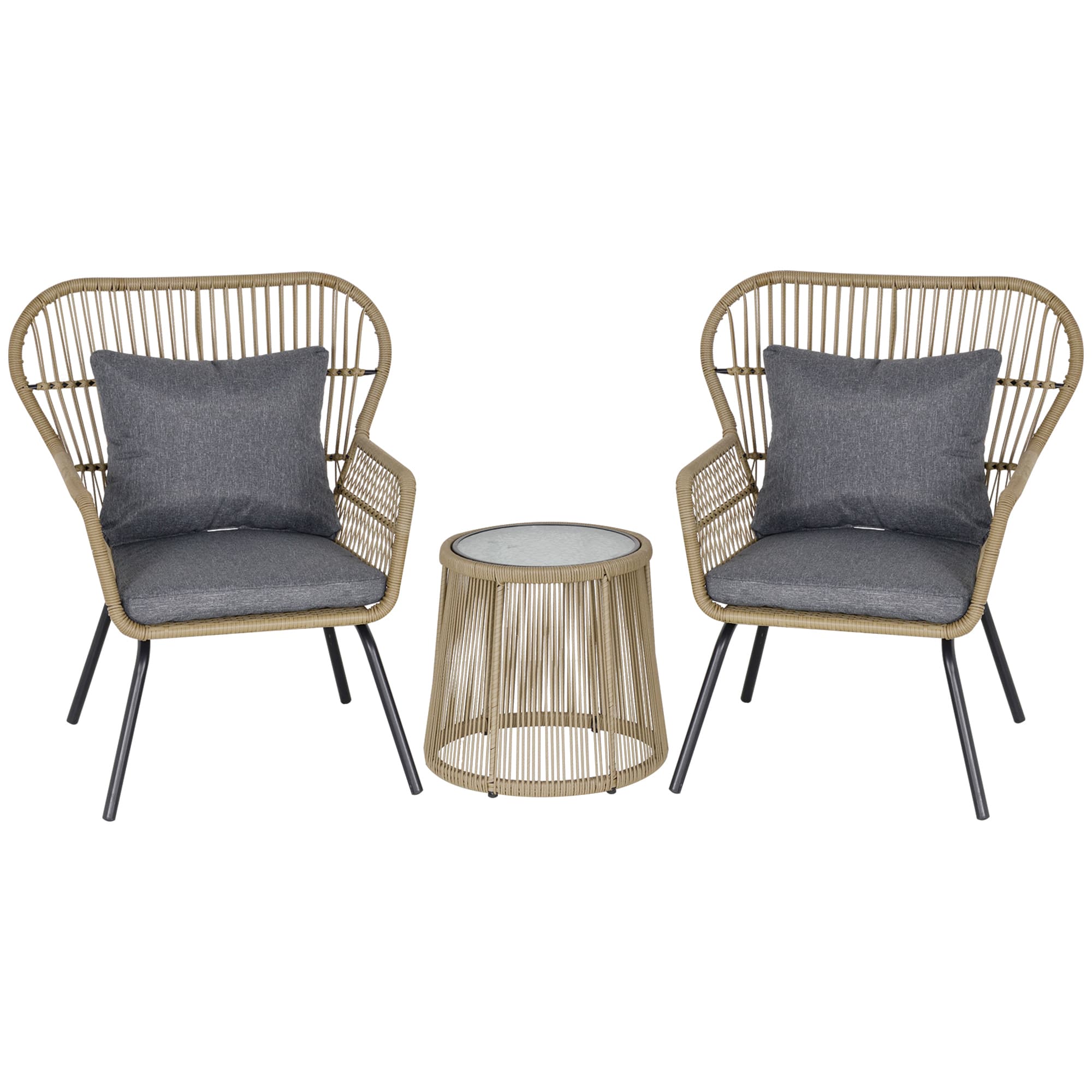 Outsunny 3 Piece PE Rattan Bristo Set with Cushions, Wing-Shaped Chairs & Adjustable Foot Pads, Brown | Aosom UK