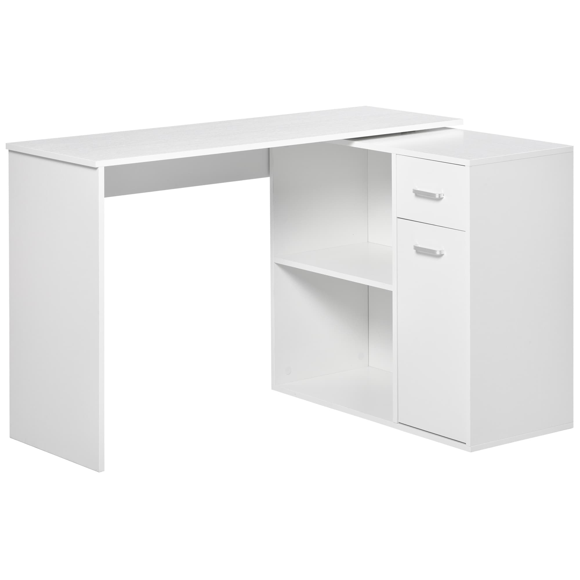 HOMCOM L-Shaped Desk, Adjustable Corner Computer Desk, Storage Shelf, Drawer and Cabinet, Workstation for Home Office, White Wood Grain | Aosom UK