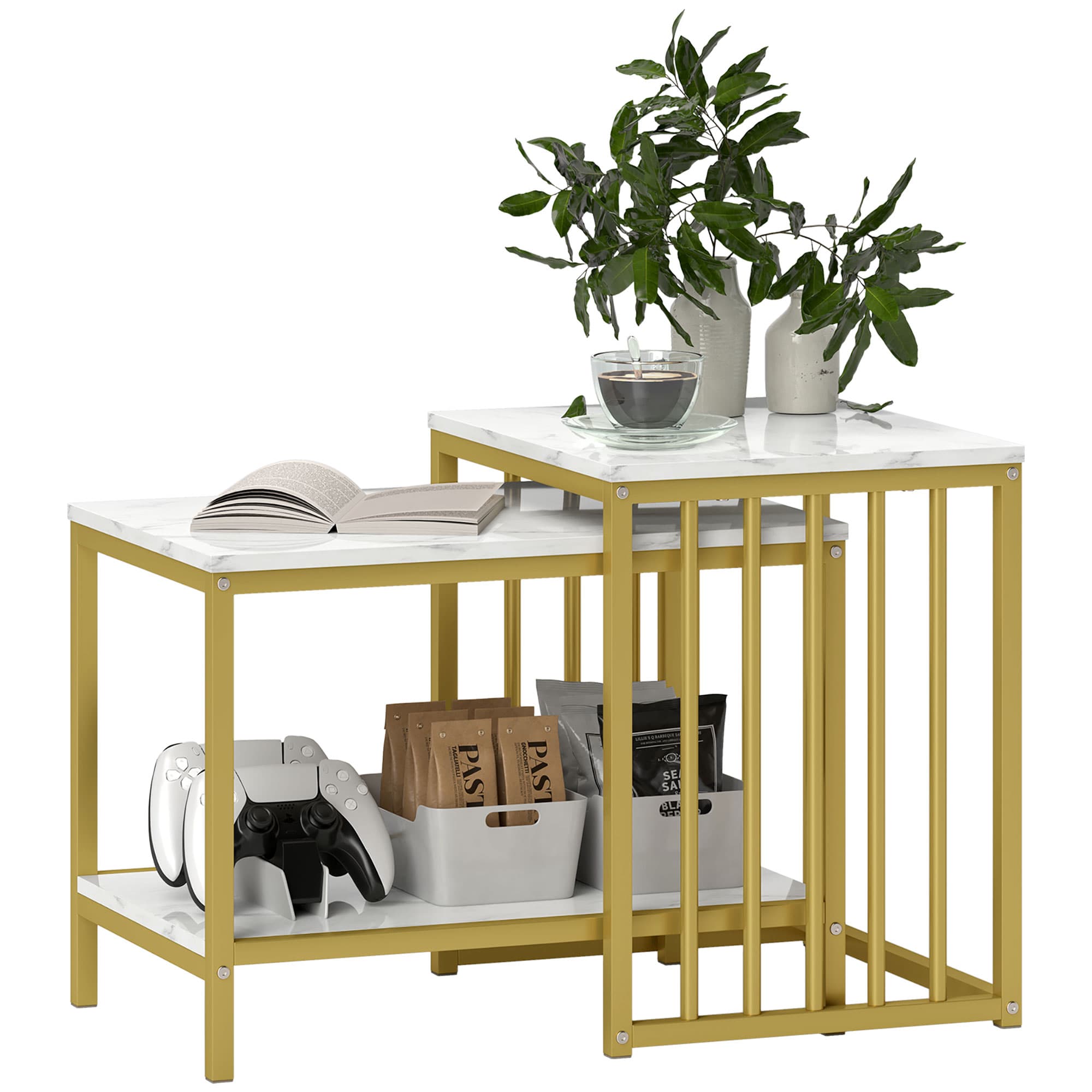 HOMCOM Modern Coffee Table Set of Two, Marble-Effect Nesting Side Tables with Steel Frame, Elegant Living Room Furniture, Gold Tone | Aosom UK