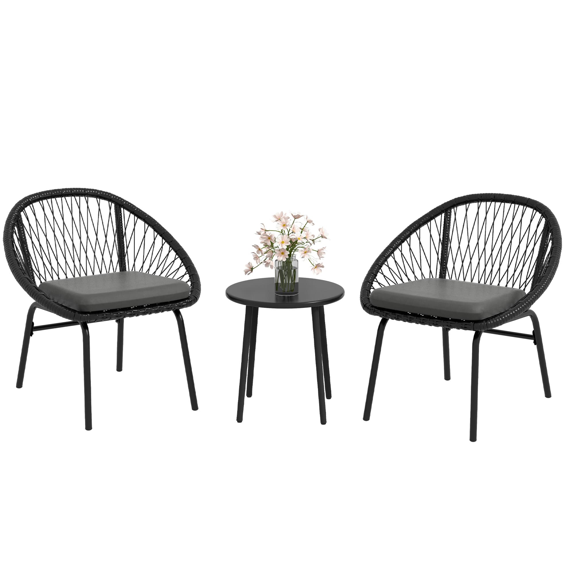 Outsunny 3 Piece Garden Furniture Set with Cushions, Round PE Rattan Bistro Set w/ 2 Armchairs & Metal Plate Coffee Table