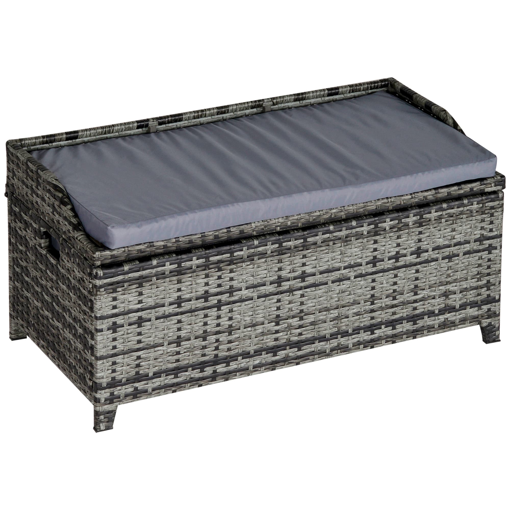 Outsunny Waterproof Patio PE Rattan Wicker Storage Basket Box Bench Seat Furniture w/ Cushion Mixed Grey | Aosom UK