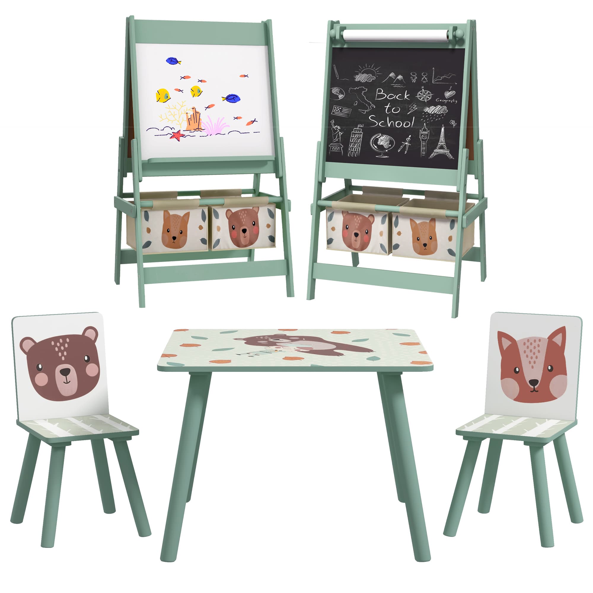ZONEKIZ Kids Table and Chair Set and Kids Easel with Paper Roll, Storage Baskets, Kids Activity Furniture Set, Green | Aosom UK