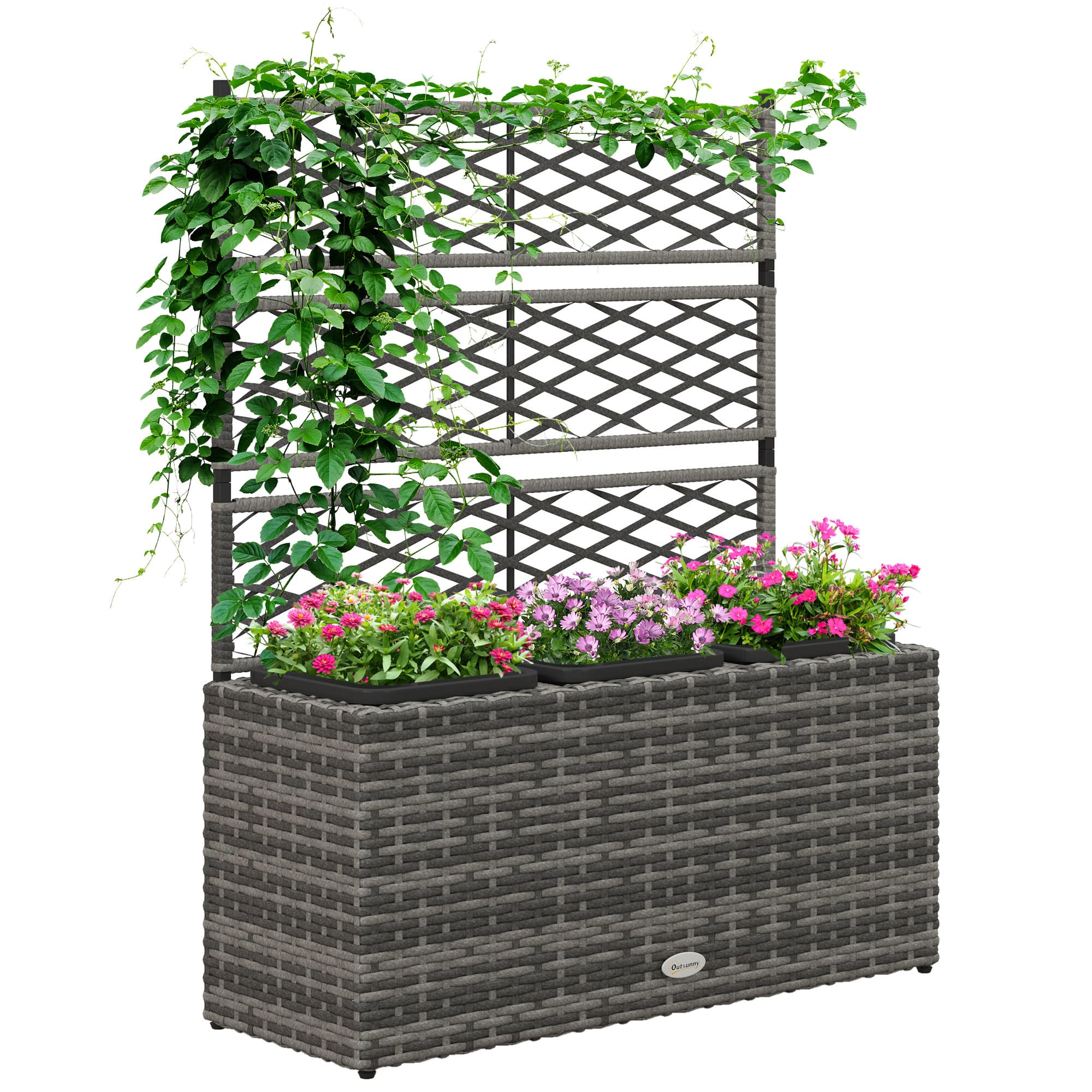 Outsunny Rattan Planter, 33L Raised Garden Bed with Trellis for Climbing Plants, Light Grey, 84 x 30 x 107cm | Aosom UK