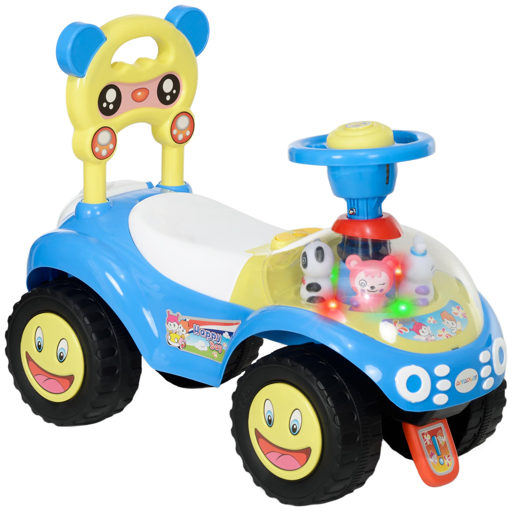AIYAPLAY Foot to Floor oddler Ride on Toy w/ Music, Light, Horn, Under Seat Storage, Anti-Over-Backwards Device, Blue | Aosom UK