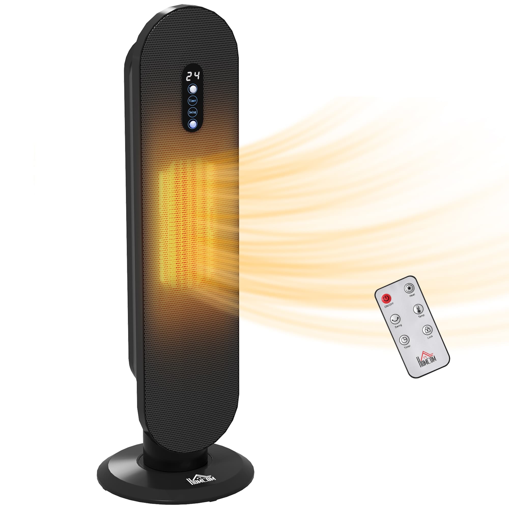 HOMCOM Ceramic Space Heater, Indoor Tower Heater with 2 Heat, Oscillation, Timer, Tip-Over & Overheating Protection, 1200W/2000W, Black | Aosom UK