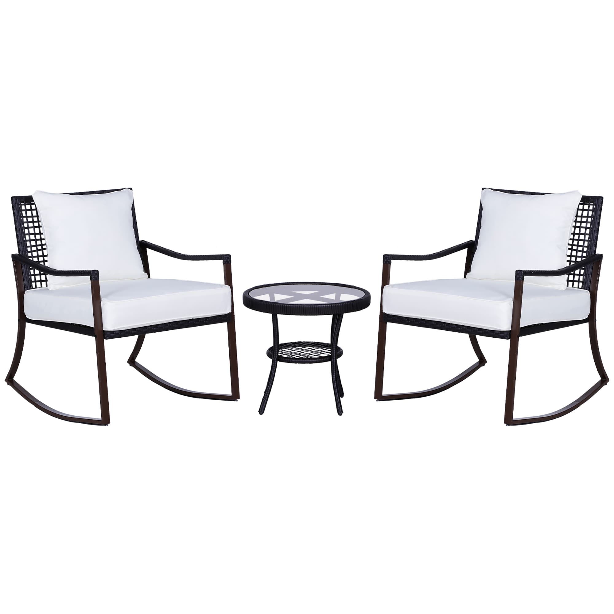 Outsunny 2 Seater Rattan Bistro Set 2 Rocking Armchair with Pillow Cushion & Tempered Glass Round Coffee Table Wicker Weave Furniture, Brown