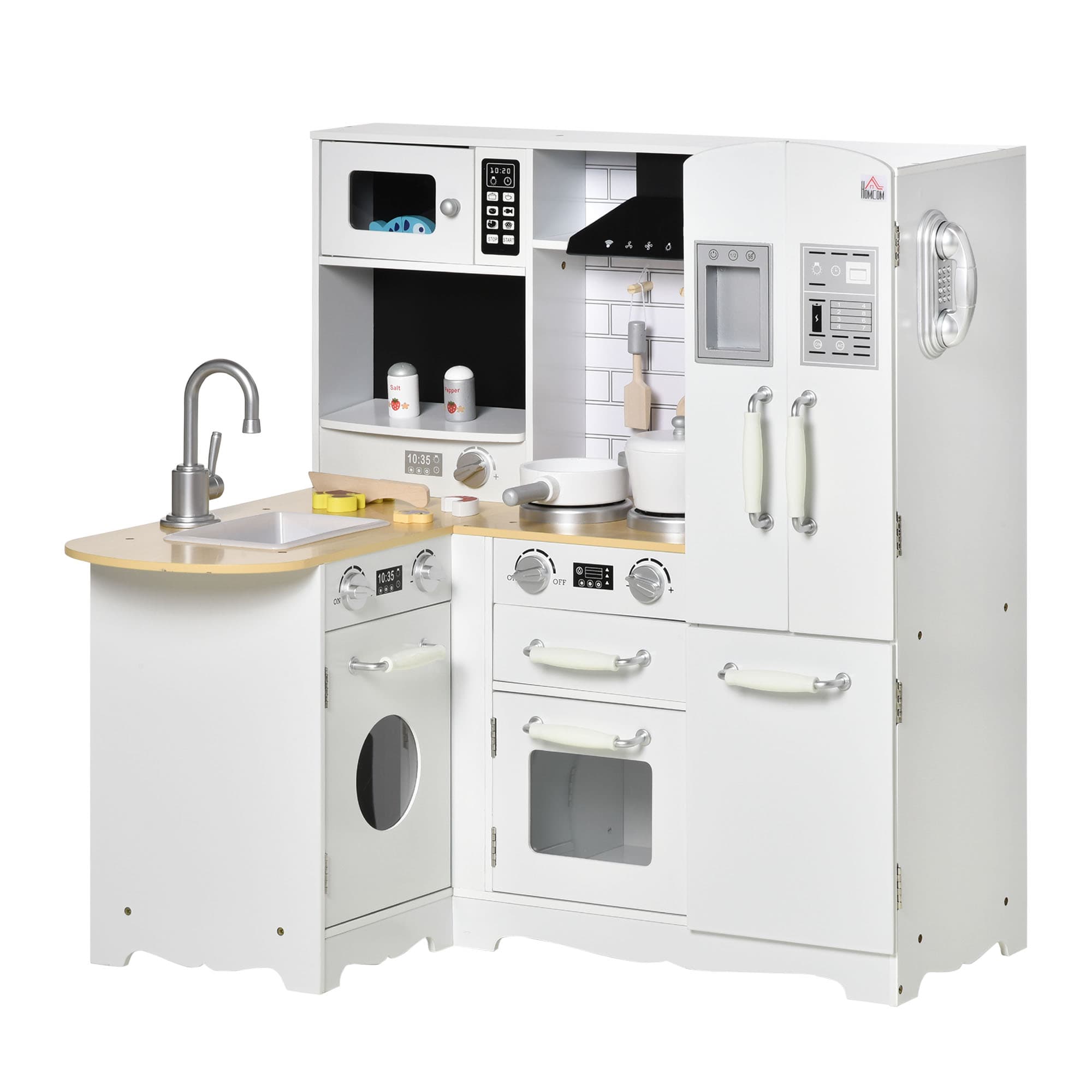 HOMCOM Kids Wooden Kitchen, Large Pretend Role Play Kitchen w/ Realistic Refrigerator, Microwave, Oven, Range Hood, Sink, Telephone | Aosom UK