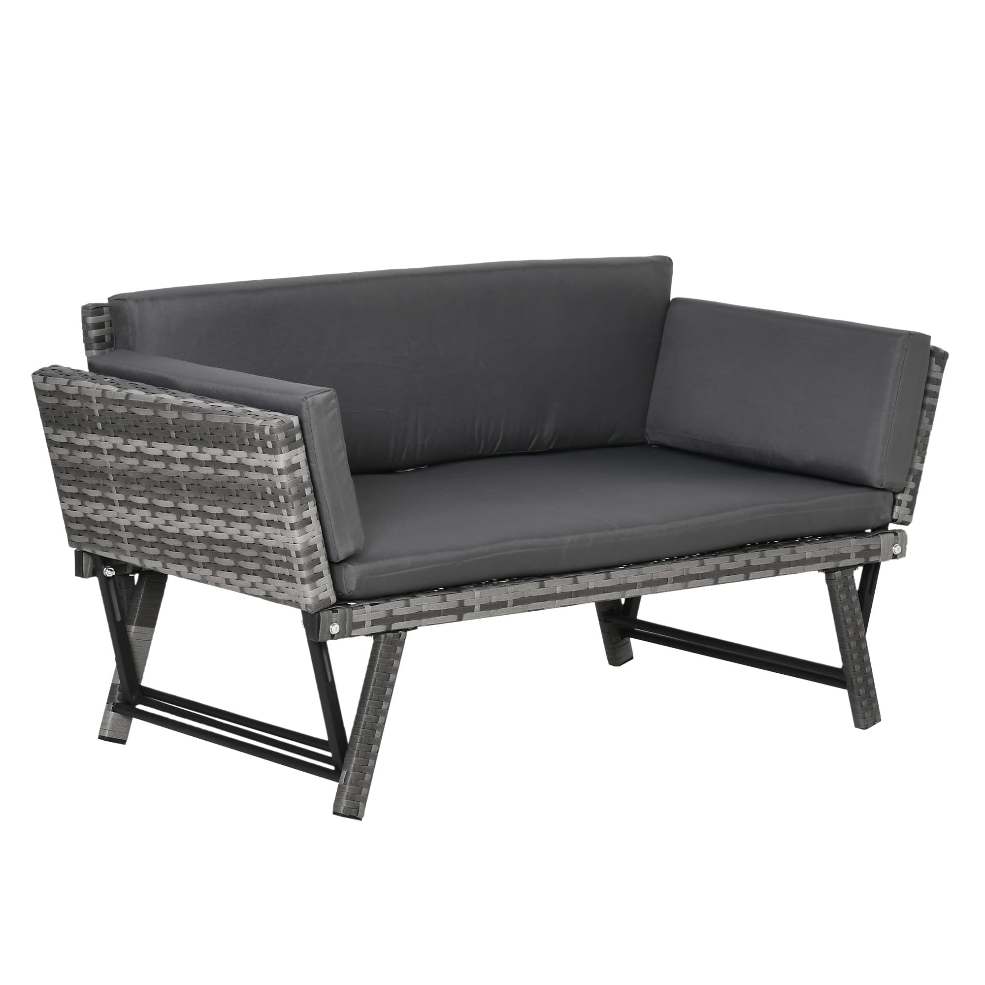 Outsunny 2 Seater Rattan Folding Daybed Sofa Bench Garden Chaise Lounger Loveseat with Cushion Outdoor Patio Grey | Aosom UK