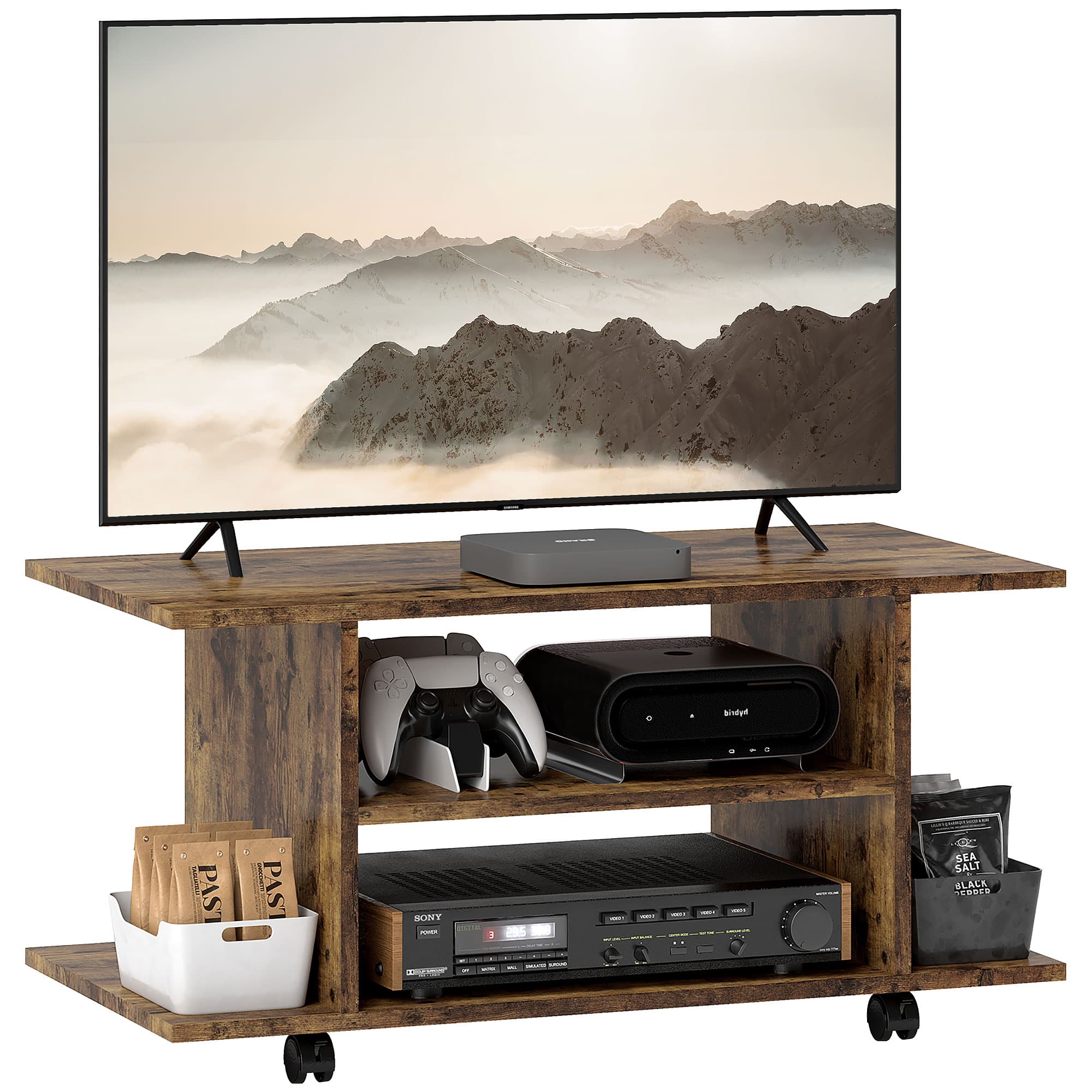 HOMCOM Modern TV Cabinet Stand Storage Shelves Table Mobile Bedroom Furniture Bookshelf Bookcase Rustic Brown | Aosom UK