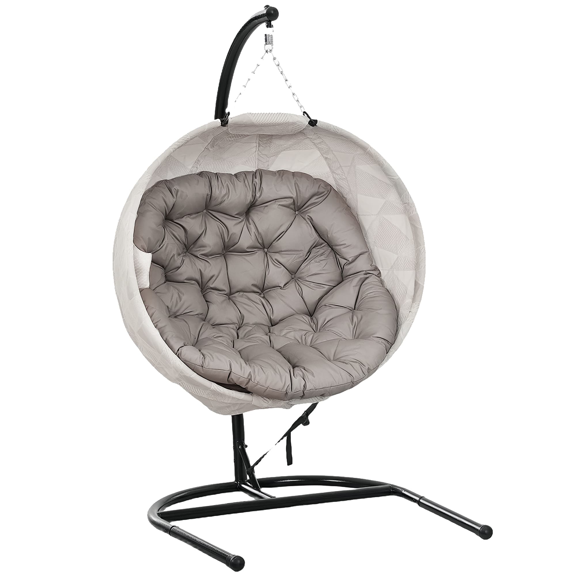 Outsunny Hanging Egg Chair with Folding Basket, Garden Hanging Chair with Stand, Thickened Cushion, Cup Holder for Patio, Balcony, Sand Brown