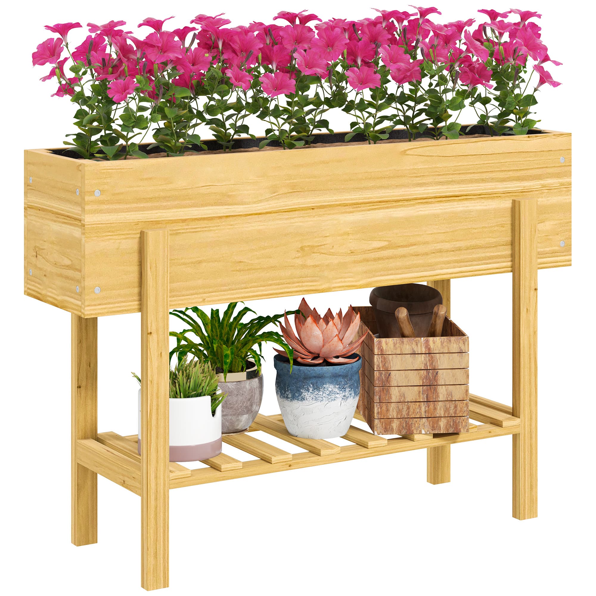 Outsunny 71cm Elevated Wooden Garden Bed, Liner & Drainage, 100x30cm Planter with Shelf, for Veggies, Flowers & Herbs, Natural Finish