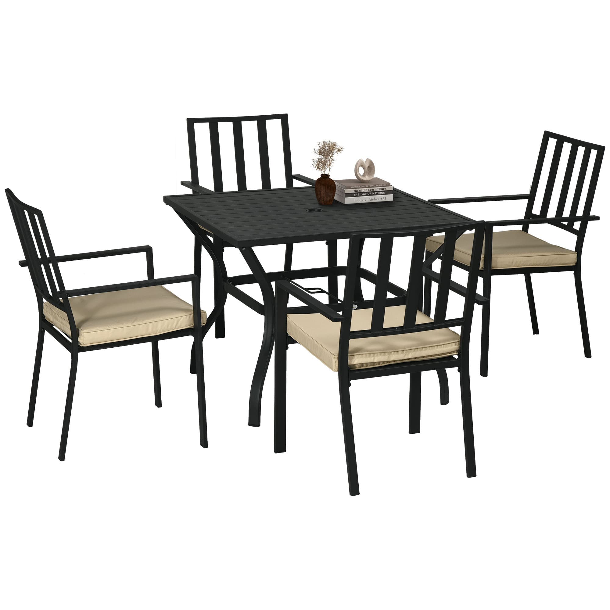 Outsunny 5-Piece Outdoor Dining Set with Cushions, Metal Table & 4 Stackable Chairs, Umbrella Hole, Black | Aosom UK