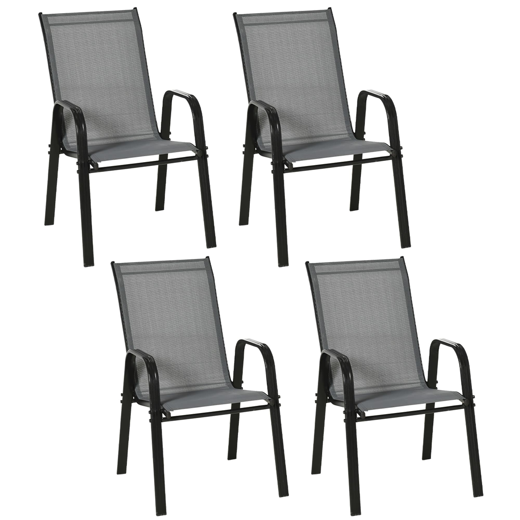Outsunny Set of 4 Stackable Garden Dining Chairs, Space-Saving Outdoor Patio Furniture with Armrests & Backrest, Dark Grey | Aosom UK