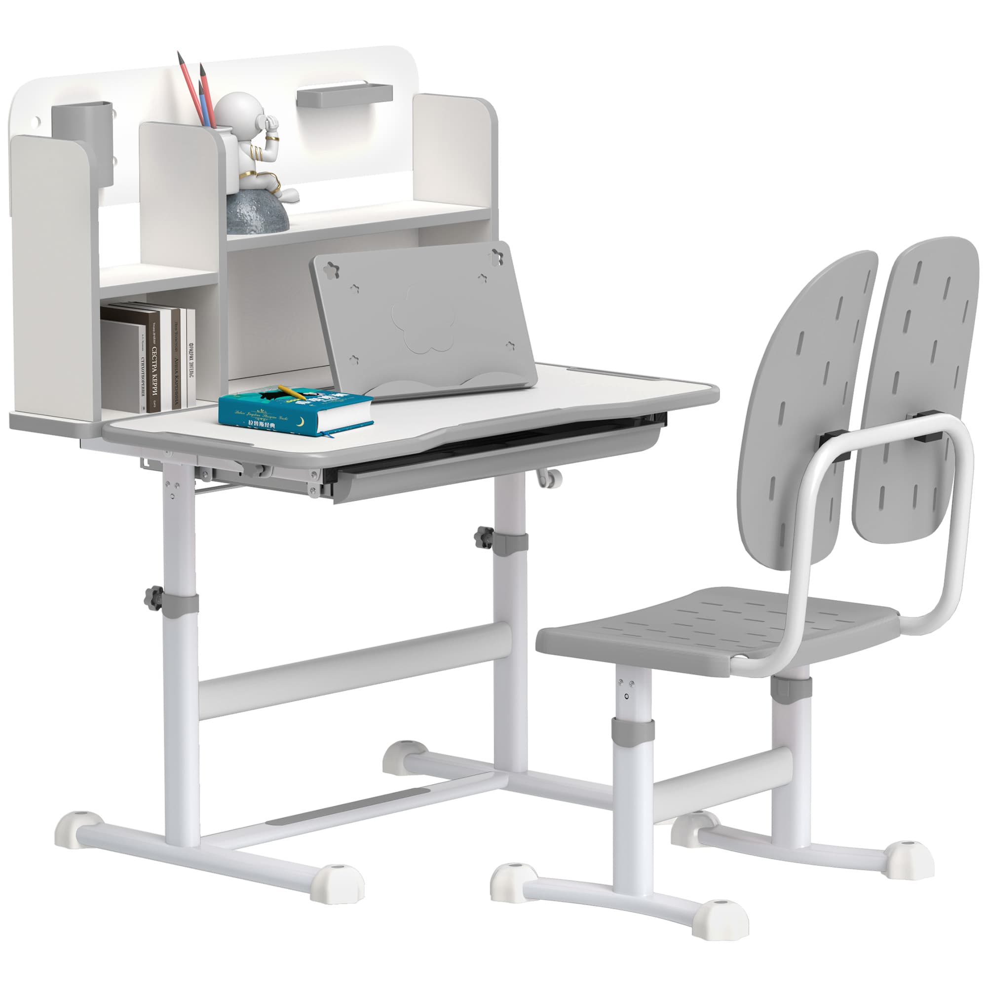 AIYAPLAY Height Adjustable Kids Desk and Chair Set, Children School Study Desk with Tiltable Desktop, Reading Rack, Grey | Aosom UK