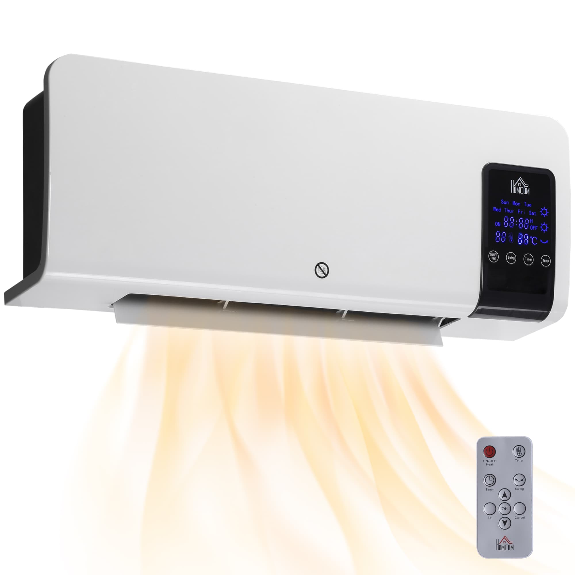 HOMCOM Wall Mounted Heater, 2000W Space Heater w/ Remote Control, 2 Modes, Timer, Oscillation, Overheat Protection, for Home, White | Aosom UK