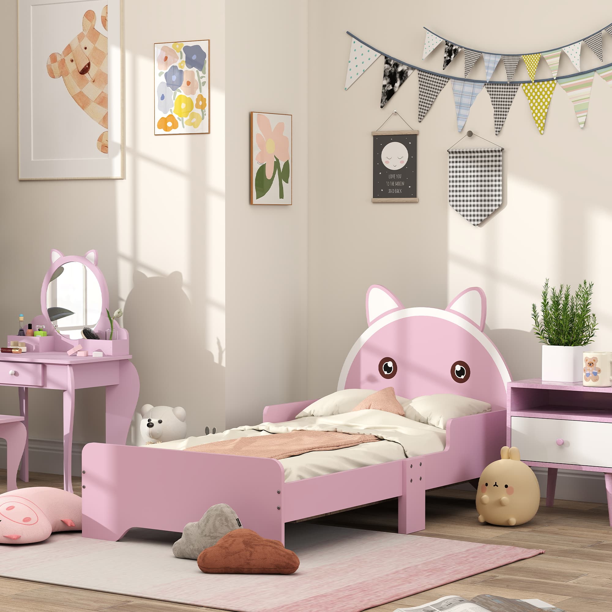 ZONEKIZ Bed for Kids Cat Design Toddler Bed Frame Bedroom Furniture with Guardrails, for 3-6 Years, 143L x 74W x 72Hcm - Pink | Aosom UK