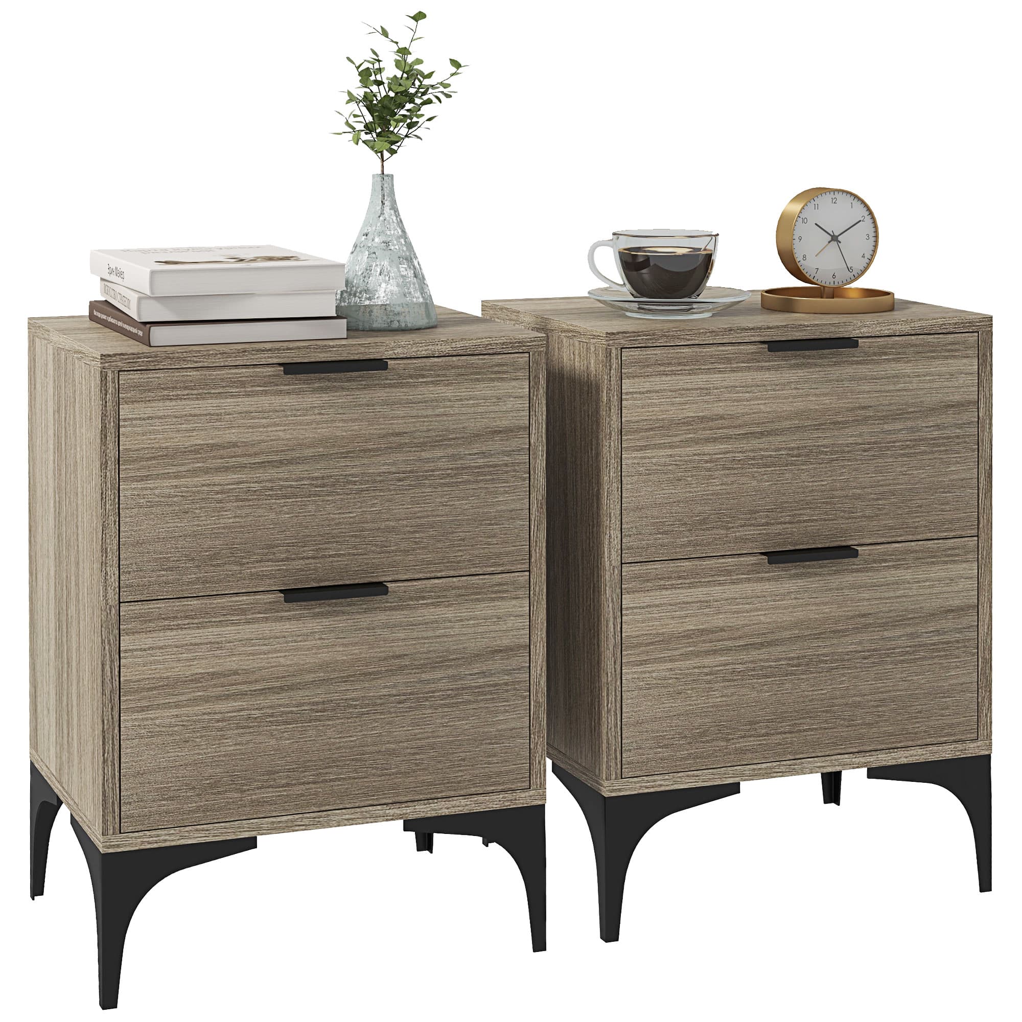HOMCOM Bedside Tables Set of 2, Modern Nightstand w/ 2 Drawers, Small Sofa End Tables w/ Storage, Steel Legs for Bedroom, Living Room, Grey | Aosom UK
