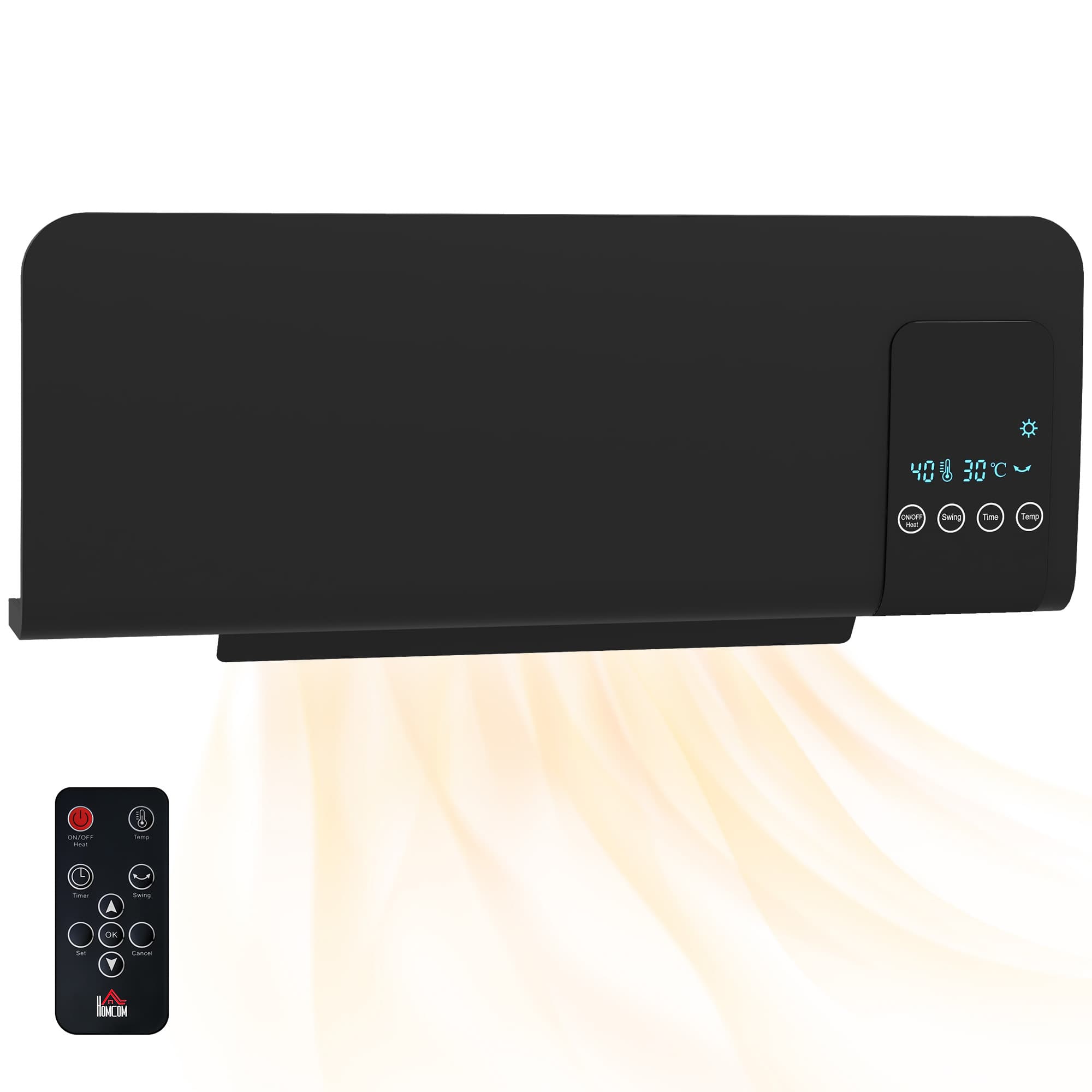 HOMCOM Wall Mounted Heater, 2000W Space Heater with Remote Control, 2 Modes, Timer, Oscillation, Overheat Protection, for Home, Black | Aosom UK