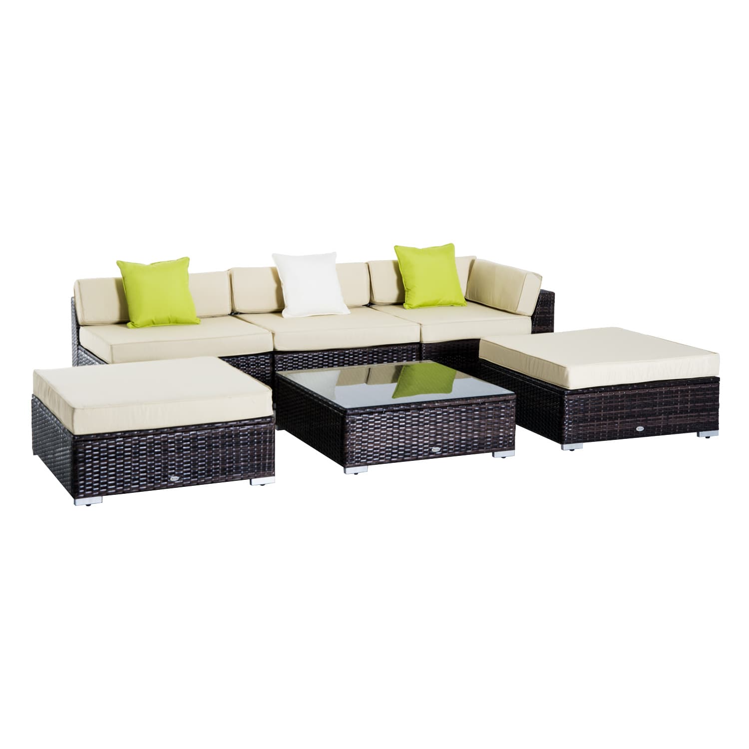Outsunny 5-Seater Rattan Sofa Coffee Table Set Sectional Wicker Weave Furniture for Garden Outdoor Conservatory w/ Pillow Cushion Brown | Aosom UK