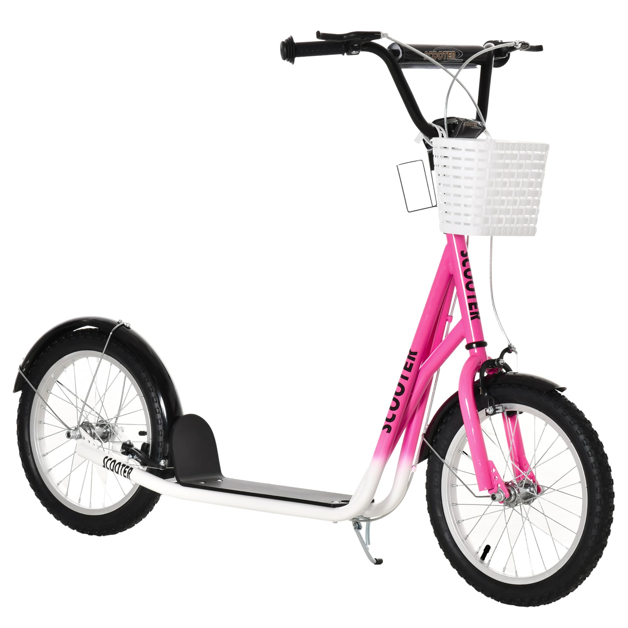 HOMCOM Kids Kick Scooter with Adjustable Handlebar, 2 Brakes, Basket, Cupholder & Mudguard, 16" Inflatable Tyres, Pink | Aosom UK