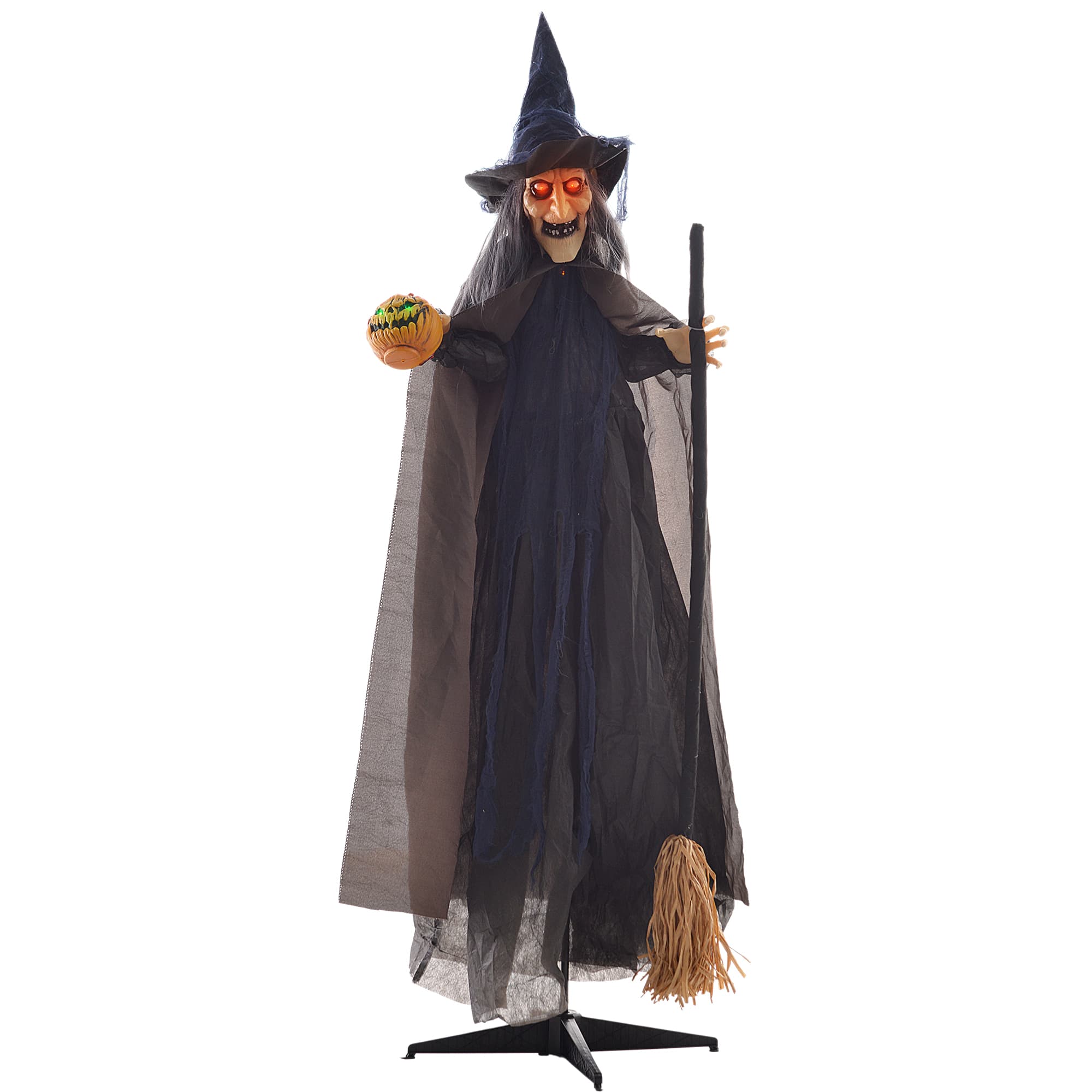 HOMCOM 190cm 75" Witch with Broomstick Outdoor Halloween Decoration, Halloween Animatronic w/ Sound Activated, Light Up Eyes, Sound | Aosom UK