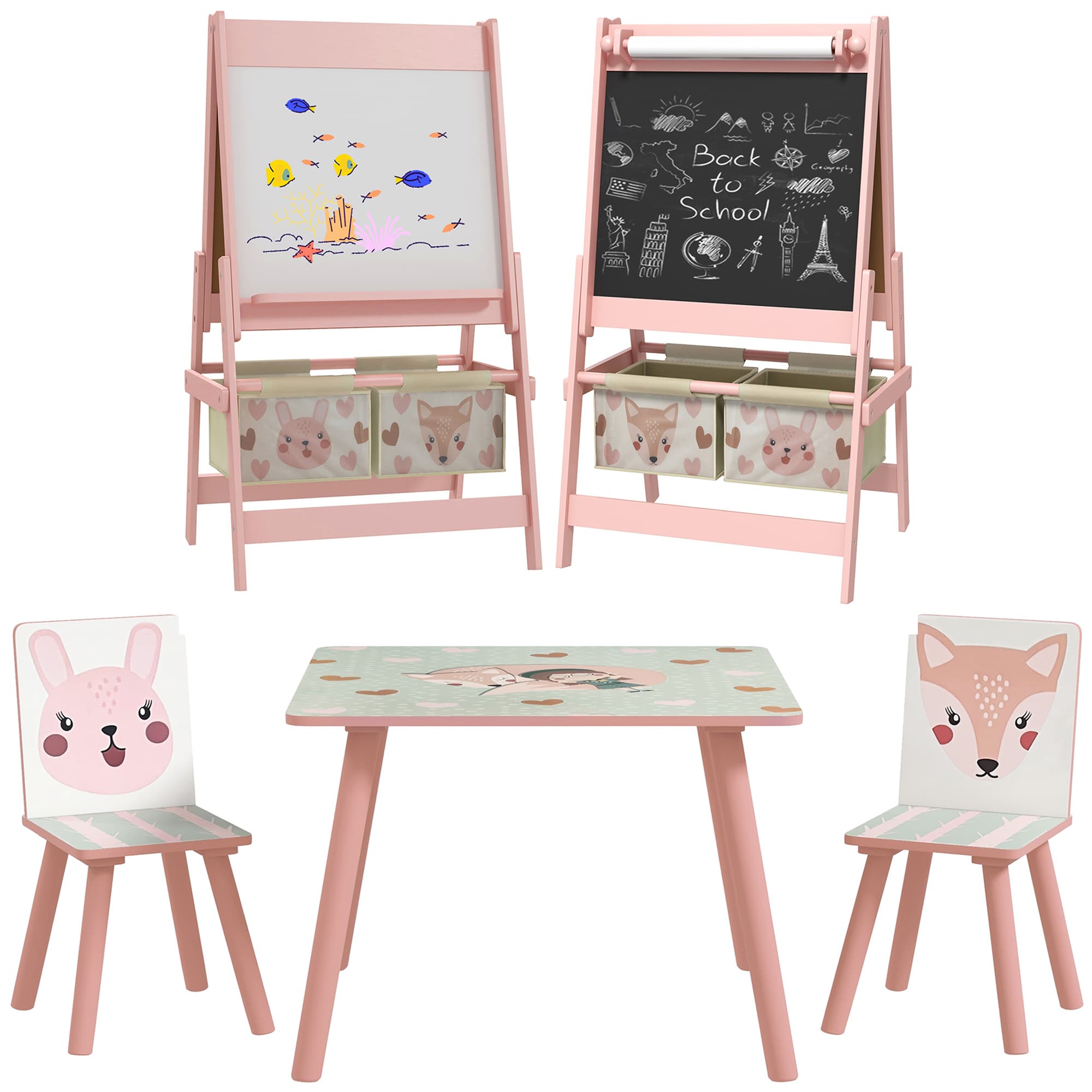 ZONEKIZ Multi-Activity Kids Table and Chair Set with Easel, Paper Roll, and Storage, Children's Furniture, Pink | Aosom UK