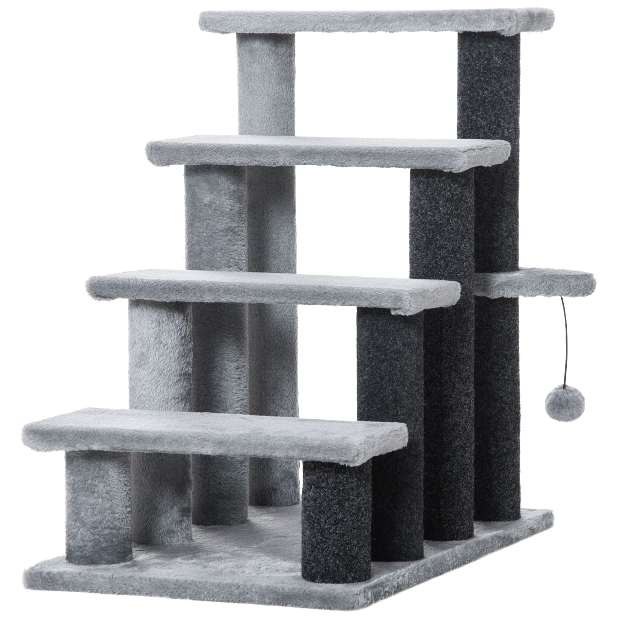 PawHut 4-step Pet Stairs with Scratching Posts, Platforms, Toy Ball, Grey | Aosom UK
